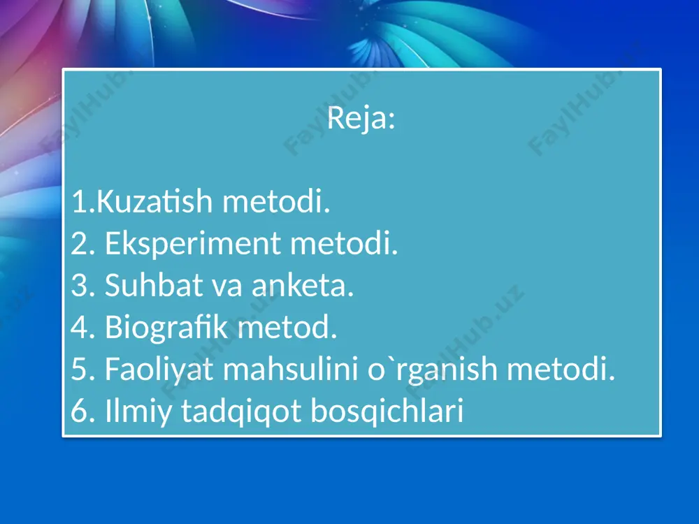 nishi uning tashqi olamni faol aks et-tirishda namoyon bo`ladi. insonning moddiy turmushi, u hayot kechira-yotgan tuzumning moddiy asosiga emas, balki uni qurshab olgan odam-larning turmush tarzlari, umuminsoniy qiyofalari, dunyoqarashi, maslagi, ijtimoiy voqelikka munosabatlari, intilishlari, ijod mahsullari va xatti-harakatlarining majmuasidir. insonning borliqni aks ettirishi faol jarayondir. insonning rivojlanishi obyektiv borliqqa va o`ziga faol ta`sir ko`rsatishida sodir bo`ladi. o`yinni kuzatishi, mehnati, o`qishi, adabiy asarni mutolaa qilishi, qiziqishining barqarorlashuvi va boshqalar shaxs-ning psixik rivojlanishini ifodalaydi. psixologiyaningan`anaviy, empirik metodlari to hozirgi kun-gacha muvaffaqiyatli qo`llanilmoqda. kuzatish metodi. psixologiya fanida bu metodning obyektiv (tashqi) va subyektiv (o`zini o`zi) kuzatish turlari mavjud. inson psixikasidagi o`zgarishlarni kuzatish uchun quyidagilar amalga oshi- riladi: kuzatishning maqsadi, vazifasi belgilanadi; kuzatiladigan obyekt tanlanadi; sinaluvchining yoshi, jinsi, kasbi aniklanadi; tadqiqot o`tkazish vaqti rejalashtiriladi; kuzatish qancha davom etishi qat`iylashtiriladi; kuzatish insonning qaysi faoliyatida (o`yin, o`qish, mehnat va sportda) amalga oshirilishi tavsiya qilinadi; kuzatishning shakli (yakka, guruh, jamoa bilan o`tkazilishi) ta- yinlanadi; 8) kuzatilganlarni qayd …