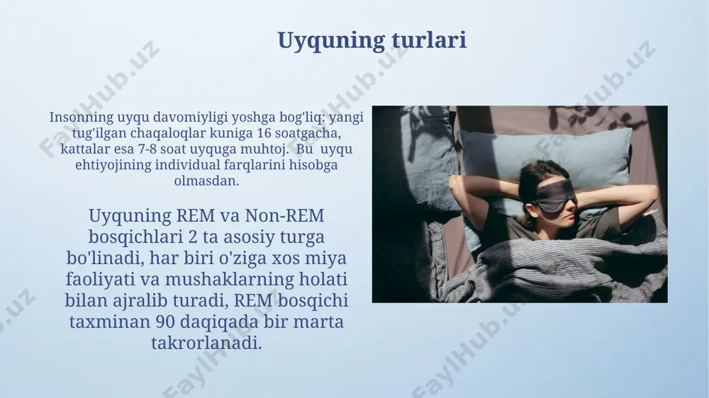 yaxshilaydi, kunduzgi unumdorlikni 20-25% ga oshiradi va kognitiv funksiyalarni yaxshilaydi. 7-9 soatlik muntazam uyqu yurak-qon tomir kasalliklari xavfini kamaytiradi, qon bosimini normallashadi va umumiy sog'liqni saqlashni yaxshilashga yordam beradi. uyqu va xotira slow-wave uyqusi (sws) xotiralarning mustahkamlanishida muhim rol o‘ynaydi, taxminan 50% sws kamligi bilish qobiliyatining pasayishiga olib keladi. uyquning rem fazasida miya gipokampusdagi xotiralarni neokorteksga uzatadi, bu esa uzoq muddatli xotiralarning shakllanishiga yordam beradi; bu jarayon taxminan 3-4 soat davom etadi. uyqusizlik va uning sabablari uyqusizlikka olib keladigan sabablardan biri, kun davomida 5 soatdan kam vaqt uxlash yoki uyqu rejimining muntazam buzilishi hisoblanadi, bu esa organizmning uyqu-uyg’onish tsiklining buzilishiga olib keladi. stress, tashvish va depressiya kabi ruhiy holatlar uyqusizlikning keng tarqalgan sabablaridan bo'lib, taxminan 30% hollarda kuzatiladi va uyqu sifati va davomiyligini sezilarli darajada pasaytiradi. e'tiboringiz uchun rahmat @taqdimot_robot image4.png image5.jpg image6.jpg image7.jpg image8.jpg image9.jpg image10.jpg image11.jpg image12.jpg image13.jpg image14.jpg image15.jpg image16.jpg image3.jpeg