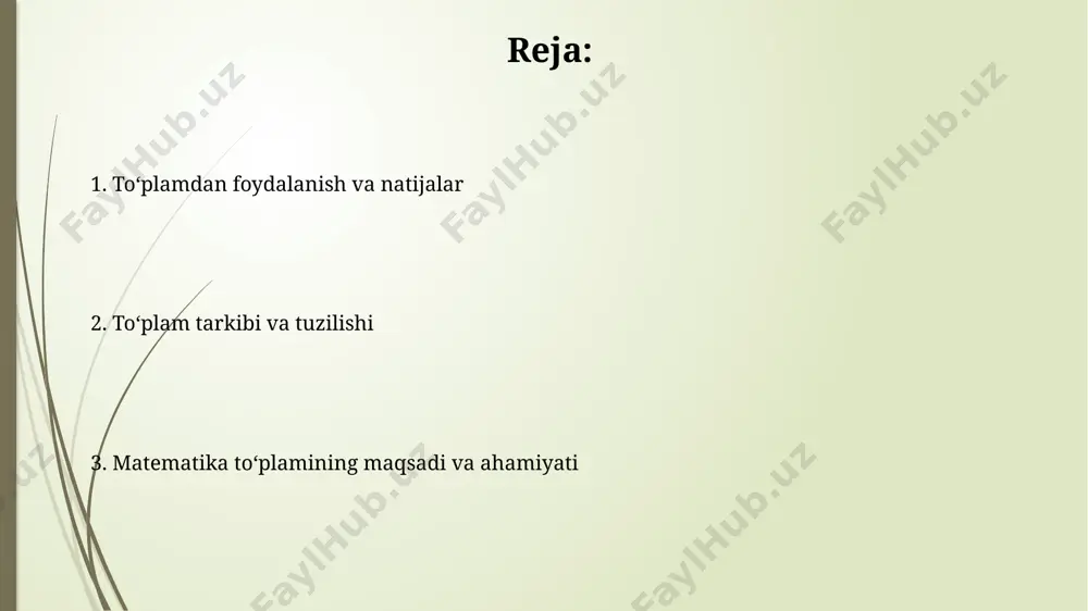 yirma (-), bu 2 yoki undan ortiq to'plamlarning elementlarini aniqlash uchun muhimdir. to‘plamni baholash mezonlari baholashda resurslarning xilma-xilligi inobatga olinadi: darsliklar, 15 dan ortiq ilmiy jurnallar, elektron manbalar va 10 ta multimedia vositalari bo‘lishi kerak. to‘plamdagi materiallar soni 500 dan ortiq bo‘lishi, ularning 80 foizi oxirgi 10 yilda chop etilgan bo‘lishi, bu esa yangilik va dolzarblikni ta’minlaydi. asosiy maqsad va vazifalar matematika kolleksiyasining asosiy maqsadi 100 dan ortiq turli xildagi matematik obyektlarni to'plash va saqlash, kelajak avlodlar uchun ilmiy merosni ta'minlashdan iborat. uning vazifalaridan biri 50 dan ortiq ilmiy tadqiqotlar o'tkazish, kolleksiyadagi materiallar asosida yangi matematik usullarni ishlab chiqish va ularni amaliyotga tatbiq etishdir. e'tiboringiz uchun rahmat @slaydtayor_bot image2.jpg image3.jpg image4.jpg image5.jpg image6.jpg image7.jpg image8.jpg