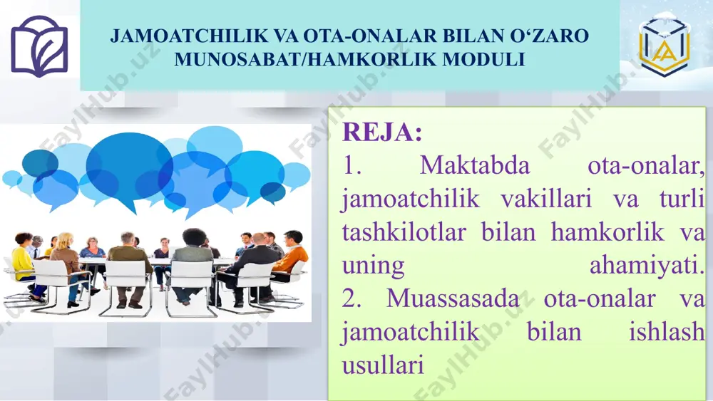 z kerak - maktabimizni xozirgi holatiga nisbatan imkoniyatlarini kengaytirish uchun nimalar qilish kerak? - bu jarayonda ota-onalar va boshqa mutasaddilar imkoniyatlaridan qanday foydalanishimiz kerak? (moddiy, ma’naviy, kasbiga qarab) - ular bilan bugungi kunda yetarli darajada hamkorlikni yo‘lga qo‘yganmizmi? - ular bilan hamkorlikni yangi, zamonaviy bosqichga olib chiqish uchun qanday choralarni ko‘rishimiz muhim? “maktabingizni kelajakdagi imidjini tasvirlang va mayl uyg‘oting” (o‘zaro tajriba almashishni nazarda tutuvchi rejalashtirish metodi) - maktabingizni obro‘si, nufuzi nimalar bilan belgilanadi? - maktabingiz kelajakda qanday imkoniyatlarga ega bo‘ladi? - bugungi kunda ma’naviy-ma’rifiy ishlar bo‘yicha direktor o‘rinbosari sifatida ushbu imkoniyatlar, shart-sharoitlarni yuzaga keltirish uchun nimalar qilyapsiz? - nimalarni rejalashtiryapsiz? - bu borada ota-onalar va boshqa mutasaddilar bilan ma’naviy-ma’rifiy ishlar bo‘yicha direktor o‘rinbosari sifatida qanday hamkorlik aloqalarini o‘rnatgansiz? «“injiq” ota-onalar» rolli o‘yini metodi 9 «“injiq” ota-onalar» rolli o‘yini metodi 1-2-guruh (tasavvur qilamiz: maktab rahbariyati tomonidan ota-onalar yig‘ilishi tashkil etilgan. ushbu yig‘ilishda aksariyat ota-onalar biror muammo bilan maktabning ma’naviy-ma’rifiy ishlar bo‘yicha …