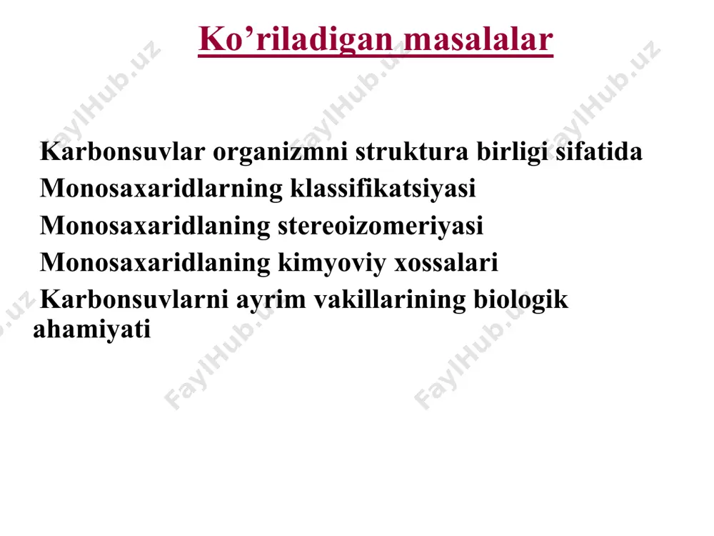shakllarda bo’la olishi va ularning xarakatchan muvozanat hosil bulguncha bir-biriga utib turishi yotadi. halqa-okso tautomeriya mutaratatsiya d-glyukoza -d-glyukofuranoza -d-glyukopiranoza β- d-glyukofuranoza β-d-glyukopiranoza monosaxaridlarning keto-enolli tautomeriyasi ishqorlar ta'sirida yuzaga keladi va karbonil shaklining (aldegid yoki keton) enol shakliga (aniqrog'i, endiol) ikkita bilan o'tishidan iborat.qo'sh bog' bilan bog'langan uglerod atomlaridagi oh guruhlari, ya'ni. epimerik monosaxaridlar uchun umumiy endiol hosil bo'lishida. keto-enol tautomeriyasi orqali epimerik monosaxaridlar bir-biriga aylanishi mumkin. d-fruktoza enol d-glyukoza monosaxaridlarning kimyoviy xossalari 1. qaytarilish reaksiyasi d- кsiloza кsilit c o h c h c c ch2oh оh h oh h но cн2он c h c c ch2oh оh h oh h но glyukozani kislotali muhitda oksidlanishi c6h12o6 ch2 (choh)4 c oh o oh br2 + h2o hbro glyukoza glyukon kislota ho c (choh)4 c oh o o glyukoza glukar kislota c6h12o6 hno3 o c – (chон)4 – c – oh o h c6h12o6 glyukoza glyukuron kislota о2; pd monosaxaridlarni ishqoriy …