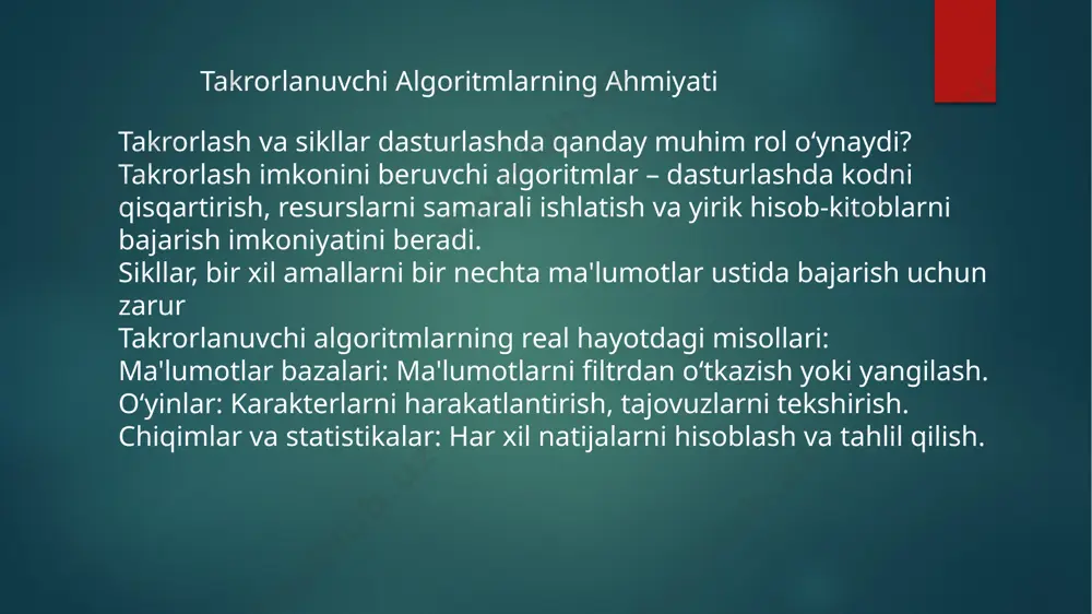 sonlarni chiqarish uchun sikl tuzish sikl ishlash jarayoni bu yerda sikl 1 dan 10 gacha bo‘lgan sonlarni chiqarish uchun 10 marta takrorlanadi. misol 2: 1 dan 100 gacha bo‘lgan sonlarni tekshirish (faqat juft sonlarni chiqarish). (faqat juft sonlarni chiqarish) for sikli: sintaksis, ishlash printsipi va turlari for sikli: umumiy tushuncha for sikli – dasturlashda ma'lum miqdordagi takrorlashni amalga oshirish uchun ishlatiladi. for sikli asosan aniq miqdordagi takrorlashlar (iteratsiyalar) talab qilinadigan vazifalar uchun ishlatiladi sintaksis (dasturlash tilida for siklini qanday yozish kerak): ozgaruvchi – takrorlanishda qiymat oladigan o‘zgaruvchi diapazon – sonlar ketma-ketligi (masalan,range(),funksiya() amallar – har bir iteratsiyada bajariladigan kod. for siklining ishlash printsipi qanday ishlaydi? for sikli o‘zgaruvchini ma'lum bir diapazonga olib chiqadi (masalan, 1 dan 10 gacha), va har safar siklga kirganida o‘zgartirilgan qiymatni qayta ishlaydi. takrorlash jarayoni: boshlanish: o‘zgaruvchi boshlang‘ich qiymatni oladi. tekshirish: sikl sharti tekshiriladi (masalan, o‘zgaruvchi qiymati diapazonga to‘g‘ri keladi). bajarish: sikl doirasida yozilgan amallar bajariladi …