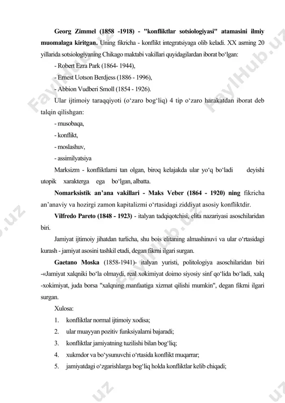 lton meyo (1880 -1949) - garvard universiteti professori - sanoat sohasidagi nizolarga e’tibor bergan, konflikt - xavfli ijtimoiy kassalik deb ta’kidlab, ijtimoiy muvozonatga erishish zarur deb hisoblagan. robert merton - ijtimoiy anomaliyalarni taxlil etgan. ijtimoiy konfliktning hozirgi zamon konsepsiyalari xx asrning 50-60 yillarida paydo bo‘lgan. lyuis kozer - bu amerika tadqiqotchisi 1956 yilda "ijtimoiy konflikt funksiyalari" nomli kitob chop etgan. u konfliktlarning pozitiv rolini ta’kidlagan. ralf darendorf - 1965 yili "sinfiy tuzilma va sinfiy konflikt" degan kitobini chiqargan. "konfliktning yo‘qligi -nonormal holatdir" deb ta’kidlagan. kennet boulding amerikalik sotsiolog va iqtisodchi "konfliktlar umumiy nazariyasi" kitobi muallifi. u ham tabiat, ham jamiyatdan konfliktlarni tahlil etgan. alvin gouldner -amerikalik sotsiolog, u nizolar sababini aniqlab, uni yo‘qotish -sotsiologiyaning vazifasidir, deb hisoblagan. xalqaro nohukumat tashkiloti «rim klubi» (1968y) a’zolari davlatlarning o‘zaro bir-biriga bog‘liqligi kuchayotgan bir sharoitda yangi global tafakkurga ehtiyoj mavjud, saylovdan saylovgacha ishlaydigan hukumatlar fundamental muammolarni samarali hal etishga ulgurisha olmaydi, zero bugungi kunda …