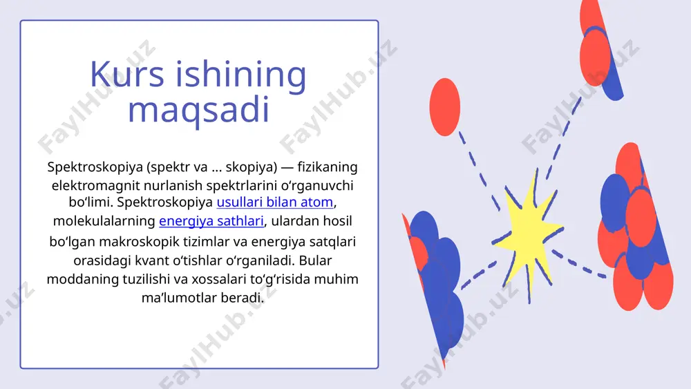 omoforlar deb aytiladi. agar molekulada xromoforlar ko‘p miqdordagi boshqa xromoforlar bilan bog‘langan bo‘lsa yutilish maksimumining qiymati katta to‘lqin uzunlikdagi sohaga siljiydi, shuning uchun ham bunday tuzilishdagi birikmalar ko‘p hollarda rangli bo‘lib, yutilish maksimumini ko‘zga ko‘rinadigan sohada (l=450-850 nm) namoyon qiladi. moddalarning nurni yutish hodisasini o‘lchashda spektrometrlardan foydalaniladi. ularning turlari va tuzilishi har xil bo‘lishidan qat’iy nazar spektrometrlar yorug‘lik manbai, yorug‘lik detektori va detektordan chiqqan signallarni yozadigan asbobdan tashkil topgan bo‘ladi spektrometr spektrofotometrning tuzilishi. o‘lchash ishlarini quyidagicha olib borish mumkin: bitta to‘lqin uzunlikda erituvchidan utayotgan nurning intensivligi o‘lchanadi, keyin esa xuddi shu erituvchida erigan moddaning yutilishi o‘lchanadi. amaliyotda asbobni shunday tayyorlash kerakki, erituvchining yutilishini nol deb hisoblab, shunga asosan namunaning yutilish parametrlarini aniqlash mumkin. spektrni olish uchun bu ishlarni boshqa to‘lqin uzunlikdagi qiymatlarda ham bajariladi. bunday hajmdagi ishlarni tezkorlik bilan bajarish maqsadida hozirgi vaqtda ikki nur yo‘nalishli, spektrlarni to‘g‘ridan-to‘g‘ri yozadigan zamonaviy asboblardan foydalaniladi. spektrni olish uchun idishchalarni monoxromator va detektor o‘rtasida …