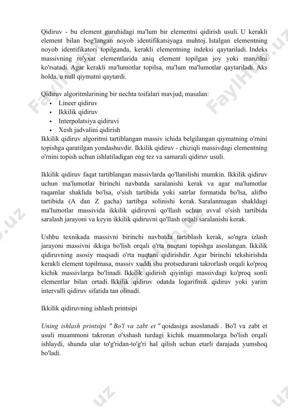 endi biz massivning o'rta elementini topamiz. chunki biz massivni ikkiga bo‘lish uchun uning o‘rta o‘rnini topmoqchimiz. buning uchun chap qiymat 'a' va o'ng qiymat ' l ' deylik . massivda. shunday qilib, formula quyidagicha bo'ladi: keyin saralangan ro'yxatdagi o'rta element bilan qidiruv elementlari o'rtasida taqqoslash amalga oshiriladi. faraz qilaylik, agar 'x' massivda qidiruv elementi bo'lsa, unda uchta holat bo'ladi. 1-holat: agar ikkala element mos kelsa/topilgan bo'lsa, " berilgan element topildi " ni ko'rsating va funktsiyani tugating 2-holat: agar kerakli qidiruv elementi o'rta elementdan kichikroq bo'lsa, o'rta elementning chap pastki ro'yxati uchun yuqoridagi protsedurani yana bajaring. 3-holat: agar kerakli qidiruv elementi o'rta elementdan kattaroq bo'lsa, o'rta elementning o'ng pastki ro'yxati uchun yuqoridagi jarayonni yana bajaring. keyinchalik, shunga o'xshash jarayon biz kerakli qidiruv elementiga etib borgunimizcha takrorlanadi. agar element qidiruv elementiga ham mos kelmasa, " element ro'yxatda topilmadi " ni ko'rsating. misol ikkilik qidiruv tushunchasini tushunish uchun yana bir misolni ko'rib chiqaylik. …