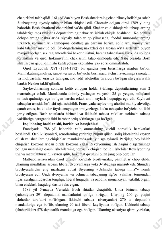 baqalari – dvoryanlar va ruhoniylardan yordam olishga umid qilgan monarxiya ularning orasidan saylab olingan vakillar – notabllar majlisini chaqirdi. notabllar majlisi qirol tomonidan taklif qilingan islohotlarni tasdiqlashdan bosh tortdi va qirol hokimiyatini cheklashga urinib, bosh shtatlarni chaqirishni talab qildi. 1614 yildan buyon bosh shtatlarning chaqirilmay kelishiga sabab 3-tabaqaning siyosiy talablar bilan chiqishi edi. chorasiz qolgan qirol 1789 yilning bahorida bosh shtatlarni chaqirishni va’da qildi. shahar va qishloqlarda tabaqalarning talablariga mos ravishda deputatlarning nakazlari ishlab chiqila boshlandi. ko’pchilik dehqonlarning nakazlarida siyosiy talablar qo’yilmasada, feodal munosabatlarning jirkanch ko’rinishlari (ahmoqona odatlar) ga barham berish, soliqlarni kamaytirish kabi talablar mavjud edi. savdogarlarning nakazlari esa asosan o’rta asrlardan buyon mavjud bo’lgan sex reglamentlarini bekor qilishni, barcha tabaqalarni bir xilda soliqqa tortilishini va qirol hokimiyatini cheklashni talab qilmoqda edi. xalq orasida bosh shtatlardan qabul qilinishi kutilayotgan «konstitusiya» so’zi ommalashdi. qirol lyudovik xvi (1774-1792) bir qancha yon berishlarga majbur bo’ldi. mamlakatning moliya, sanoat va savdo bo’yicha bosh …