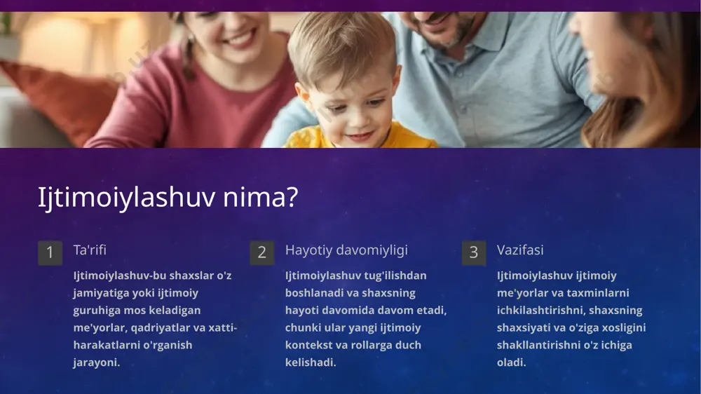 nishni boshlaydilar. 4. rasmiy operatsion bosqich (12+) o‘smirlar mantiqiy mulohaza yurita oladilar, mavhum tushunchalar haqida fikr yuritadilar va farazlarni ratsional ravishda tekshiradilar. bu bosqich ilmiy fikrlashning paydo bo'lishi bilan belgilanadi, chunki muammolarga duch kelganda mantiqiy tushuntirishlarni chiqarish mumkin. 9 axloqiy rivojlanish piagetning rivojlanish bosqichlari haqidagi ishini qo'llab-quvvatlagan holda , lourens kolberg axloqiy rivojlanish kontseptsiyasi bo'yicha uch darajali, olti bosqichli nazariyani taklif qiladi . quyidagi jadval ushbu modelni aks ettiradi: daraja bosqich tavsif post-an'anaviy: umumiy standartlar, huquqlar, majburiyatlar va tamoyillar 6 adolatning axloqiy tamoyiliga amal qilgan holda 5 ijtimoiy shartnoma qoidalari va ijtimoiy manfaat qonunlari an'anaviy: shaxsiy oqibatlarni baholash 4 jamiyatning nisbiy qoidalari va qonunlariga asoslangan hukmlar 3 boshqalarning roziligiga asoslangan qarorlar an'anaviylikdan oldingi: tashqi hodisalarga asoslangan qadriyatlar 2 o'z manfaati uchun harakat qilish 1 jazodan qochish uchun harakat qilish 10 ijtimoiylashtirish agentlari: oila, tengdoshlar, maktab, ommaviy axborot vositalari oila shaxsning qadriyatlari, e'tiqodlari va xatti-harakatlari uchun asos yaratadigan sotsializatsiyaning asosiy agenti. …