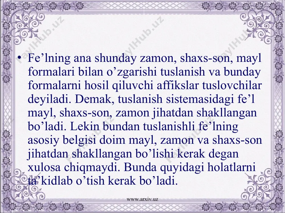 uzlar ko’zni qamashtirguday (j. abdullaxonov). www.arxiv.uz www.arxiv.uz tuslanishli formadagi fe’l shaxs-son ma’nosidan tashqari, albatta, mayl ma’nosiga, ijro mayli doirasida esa zamon ma’nosiga ham ega bo’ladi. demak, tuslanishli fe’l albatta shaxs-son jiqatdan shakllangan bo’ladi. lekin shaxs-son ko’rsatkichlariga egalikning o’zi tuslanishli fe’l deyish uchun asosiy belgi bo’la olmaydi. maylning biror turiga mansub bo’lishlik tuslanishli fe’lning asosiy belgisidir. tuslanishli formadagi fe’l gapda kesim vazifasida keladi. bunday fe’llar shaxs ma’nosiga egaligi tufayli yakka holda ham (ega ifodalanmagan hollarda ham) mustaqil gapni tashkil eta oladi: keldi (u keldi). shu xususiyatiga ko’ra tuslanishli fe’llar predikativlikka moslashgan fe’l shakli hisoblanadi. www.arxiv.uz www.arxiv.uz tuslanishsiz fe’llar ayrim fe’llar mayl, shaxs-son, zamon ma’nolarini ifodalay olmaydi va shu ma’nolarni ifodalovchi formalarga ham ega bo’lmaydi. demak, ular tuslanish sistemasiga ega bo’lmaydi — tuslanishsiz fe’l hisoblanadi. bular harakat nomi, sifatdosh va ravishdosh formalaridir. shu formalar fe’lning ot, sifat va ravishga xos ma’no va vazifalarda qo’llanishga moslashgan formalaridir. harakat bildirishi jixatidan ular tuslanishli fe’llardan …