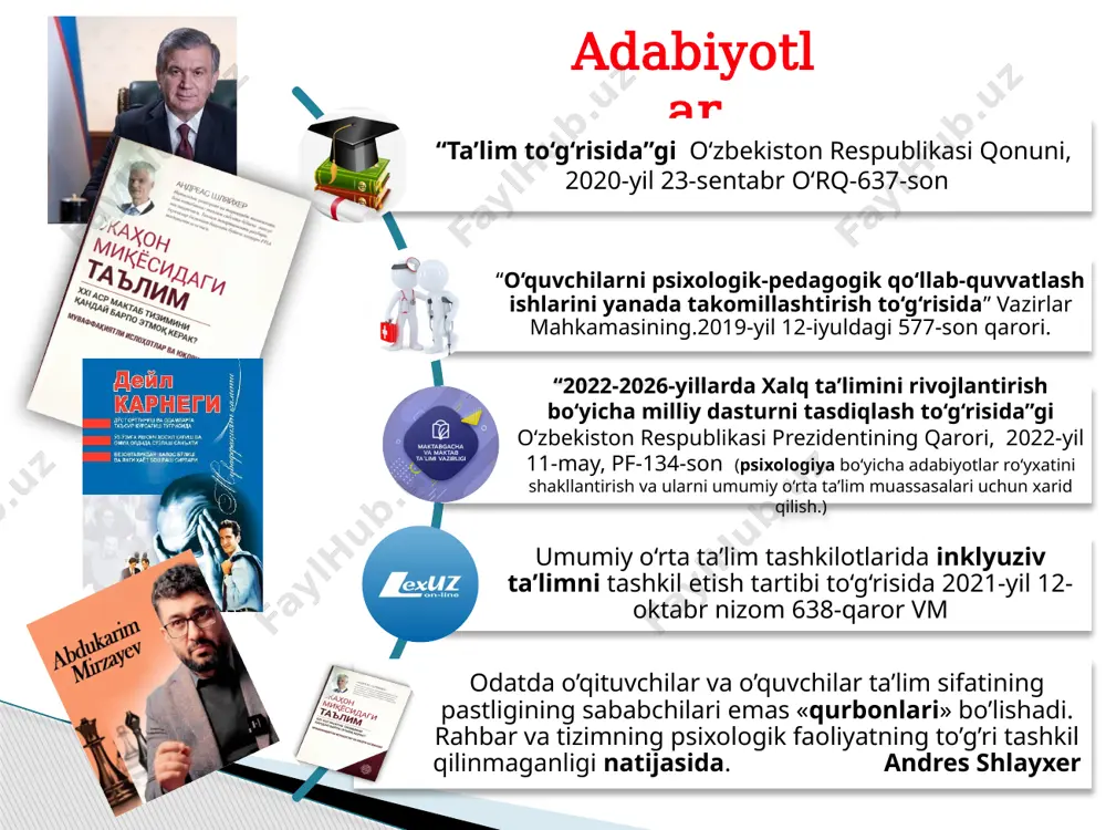 a to‘g‘ri tashkil. taklif rahbar jamoa oldida ijobiy portretiga ega bo‘lish. kasbga doir ma’lumotlarni beruvchi soatlar ajratish. respublika maktablari uchun psixologik diagnostika qiluvchi har xil yo‘nalishdagi trening testlar bazasini yaratish. mavjud platformalardan farqli. jozibador chora-tadbirlar t/r muammo amalga oshirish mexanizmi mas’ullar muddati natija 1 rivojlangan xorijiy davlatlardagi kabi bizda psixologlarning inson ruhiyatining shifokori darajasida emasligi. xorij tajribasining o‘rganilmaganligi xorij tajribasini o‘rganish. malakali mutaxassislar va adabiyotlar yordamida. maktab direktori va psixologi o‘quv yili davomida xorijiy davlatlarning tajribalari o’zlashtirishga erishish va amaliyotda qo’llash 2 rahbar psixologik bilimlar darajasini oshirish shaxsiy namuna rahbariyat har doim jamoaning ishonchiga ega bo’lish 3 maktab rahbari va psixologi yetarli bilim va tajribaga ega emasligi psixologik bilimlarga oid samarali va ta’sirchan adabiyotlarni tashkil qilish va targ‘ib qilish. (del karnegi, muomala san’ati sirlari psixologik adabiyotlar) maktab direktori, va psixolog o‘quv yili davomida hamkasblari o‘rtasidagi kasbiy muloqot madaniyatiga erishishda ko‘rinadi 4 maktab psixologining zamonaviy ishlash uslublari bo‘yicha tajribaning kamligi onlayn …