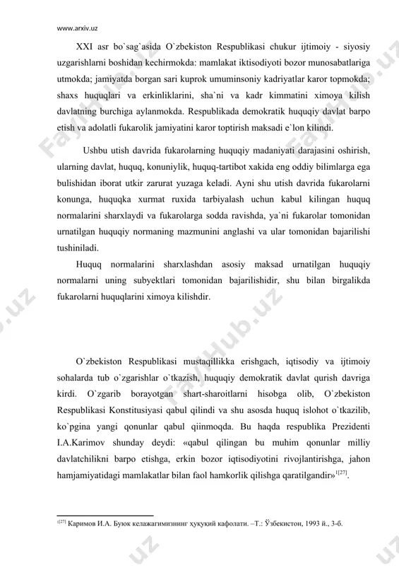, qо`llash, ya`ni ular bilan jamiyatda, kishilar о`rtasidagi turli ijtimoiy munosabatlarni tartibga solish muhimdir. buning uchun har bir tatbiq etiladigan huquqiy normaning mohiyati va mazmunini tо`g`ri tushunib, anglab olish va sharhlash juda katta ilmiy va amaliy ahamiyatga egadir. huquqiy normalar hayotda tо`g`ri qо`llanilib, ular orqali davlat organlari, korxonalar, muassasalar, tashkilotlar, mansabdor shaxslar va fuqarolar о`rtasidagi turli ijtimoiy munosabatlar tartibga solinadi. shuning uchun huquqiy normani hayotda tatbiq etishda shu huquqiy norma bilan hal qilinadigan ishni har taraflama о`rganish va ishni tо`g`ri kvalifikatsiya qilish kerak. sо`ngra, fuqarolar va yuridik shaxslar о`rtasidagi tegishli ijtimoiy munosabatlarni tartibga soladigan huquqiy normalarni sharhlash lozim. huquqiy normalarning mazmunini tо`g`ri anglab olish va ularni sharhlash, sodir bо`lgan ijtimoiy munosabatlarga ularni tatbiq etishdan oldin, uning ma`nosi va mazmunini tо`g`ri anglash muhimdir. qonun va boshqa huquqiy aktlar matnidagi sо`z va iboralarni grammatik, mantiqiy va yuridik jihatdan talqin etish, tushunib olish muhimdir. bunda tatbiq etilayotgan huquqiy normaning, har bir moddaning ta`sir …