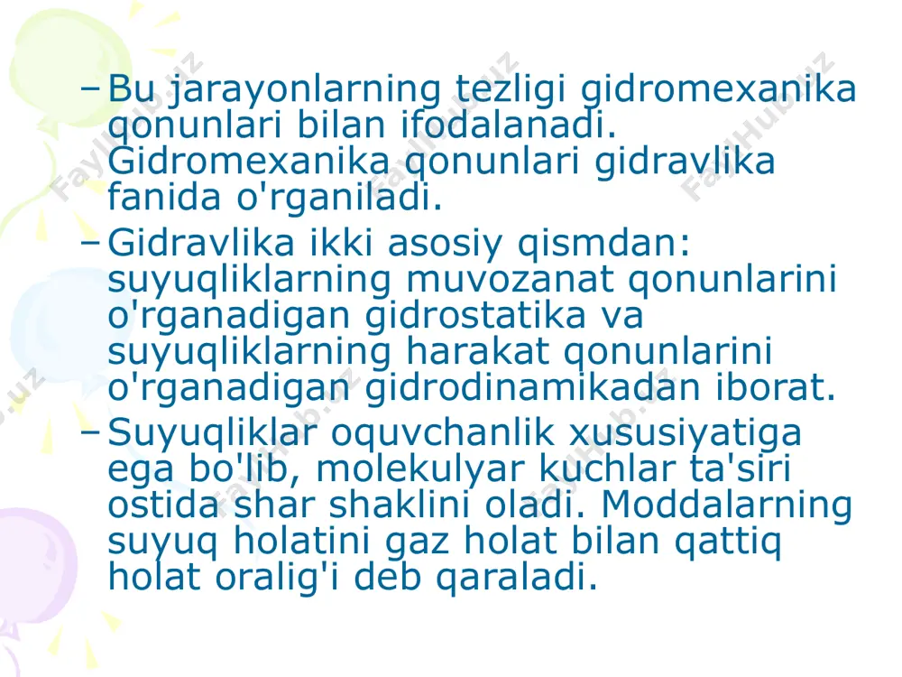 ngam; 3–mavhumplastik 4– dilatant. nyuton suyuqliklar uchun bilan o'rtasidagi bog'liqlik to'g'ri chiziqni tashkil etadi. bu chiziq qiyalik burchagining tangensi dinamik qovushqoqlik koeffisientiga teng bo'ladi. bingam yoki plastik suyuqliklar qatoriga suspenziyalar, ho'l qum, loy, pastalar kiradi. siljish kuchlanishi kichik qiymatga ega bo'lganda bunday suyuqliklar oqmaydi (2–chiziq), faqat ularning shakli o'zgaradi. bo'lganda oqish boshlanadi va keyinchalik plastik suyuqliklar o'zining xossalari bo'yicha nyuton suyuqlikka o'xshab qoladi. plastik suyuqliklar uchun oqish egri chizig'ining tenglamasi quyidagicha yoziladi: (5) bu yerda proporsionallik koeffisienti (yoki plastik qovushqoqlik). mavhum plastik suyuqliklar (masalan, polimerlarning eritmalari, sellyulozalar, assimetrik zarrachali suspenziyalar siljish kuchlanishligi juda kichik qiymatga teng bo'lgandayoq oqa boshlaydi (3–эгри чизик) biroq ularning qovushqoqlik koeffisienti tezlik gradientining ortishi bilan kamayib boradi. mavhum plastik suyuqliklar (masalan, polimerlarning eritmalari, sellyulozalar, assimetrik zarrachali suspenziyalar siljish kuchlanishligi juda kichik qiymatga teng bo'lgandayoq oqa boshlaydi (3–эгри чизик) biroq ularning qovushqoqlik koeffisienti tezlik gradientining ortishi bilan kamayib boradi. dilatant suyuqliklar (masalan, kraxmal suspenziyasi, tarkibida qattiq jism …