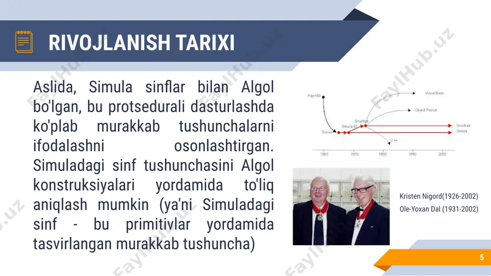 qilib, hatto eng kichik to'g'rilash ham butun dasturda qator o'zgarishlarni sodir bo'lishiga olib kelar edi. protseduraviy va obyektga mo’ljallangan dasturlash 17 modulli dasturlashda, masalan, modula2 kabi tilda protsedurali dasturlashda topilgan ayrim kamchiliklarni bartaraf etishga urinib ko'rildi. modulli dasturlash dasturni bir necha tarkibiy bo’laklarga, yoki, boshqacha qilib aytganda, modullarga bo'lib tashlaydi. agar protsedurali dasturlash ma'lumotlar va jarayonlarm bo'lib tashlasa, modulli dasturlash, undan farqli o‘laroq, ularni birlashtiradi. modul ma’lumotlarning o'zidan hamda ma’lumotlarga ishlov beradigan protseduralardan iborat. dasturning boshqa qismlariga moduldan foydalanish kerak bo’lib qolsa, ular modul interfeysiga murojaat etadi. modullar barcha ichki axborotni dasturning boshqa qismlarida yashiradi. protseduraviy va obyektga mo’ljallangan dasturlash 18 biroq modulli dasturlash ham kamchiliklardan holi emas. modullar kengaymas bo'ladi, bu degani kodga bevosita kirishsiz hamda uni to’g’ridan to’g'ri o’zgartirmay turib modulni qadam-baqadam o'zgartirish mumkin emas. bundan tashqari, bitta modulni ishlab chiqishda, uning funksiyalarini boshqasiga o'tkazmay (delegat qilmay) turib boshqasidan foydalanib bo’lmaydi. yana garchi modulda turni belgilab bo’lsa-da, bir …