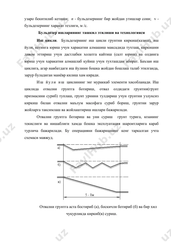 ишланади. бундай бурилишларни отвали бурилмайдиган бульдозерлар хар 1 – 3 м утгандан сунг бажаради. отвали буриладиган бульдозерларда грунт узлуксиз ён томонга тушиш учун пландаги бурчак етарли эмас, шунинг учун хам бу типдаги машиналар учун бундай бурилишлар зарур. террасаларни буйлама утиб ишлаш бульдозерлар учун анча кийин ва хавфли иш хисобланади. барча холларда хам полкани ён багир томонга кия холатда саклаш керак, акс холда бульдозер киялик буйлаб сурилиб тушиб кетитши мумкин. адабиётлар 1. акбаров а. “курилиш машиналари”, тошкент 1993й., узбек тилида. 2. плешков а. “бульдозер, скрепер, автогрейдерлар”, тошкент, узбек тилида. 3. алексеева т. в. и др. “машины для земляных работ”, 1972й. рус тили. 4. гаркави н. г. “машины для земляных работ”, 1989й. рус тили. 5. домбровский н. г. и др. “строителные машины” 1985й. рус тилида. 6. сергеев в. п. “автотракторный транспорт” 1984й. рус тилида. 7. икрамов у. а. “автомобиллар ремонти” 1976й. узбек тилида. 8. баловнев в. и. “дорожно-строительные машины и комплексы” м.1988, …