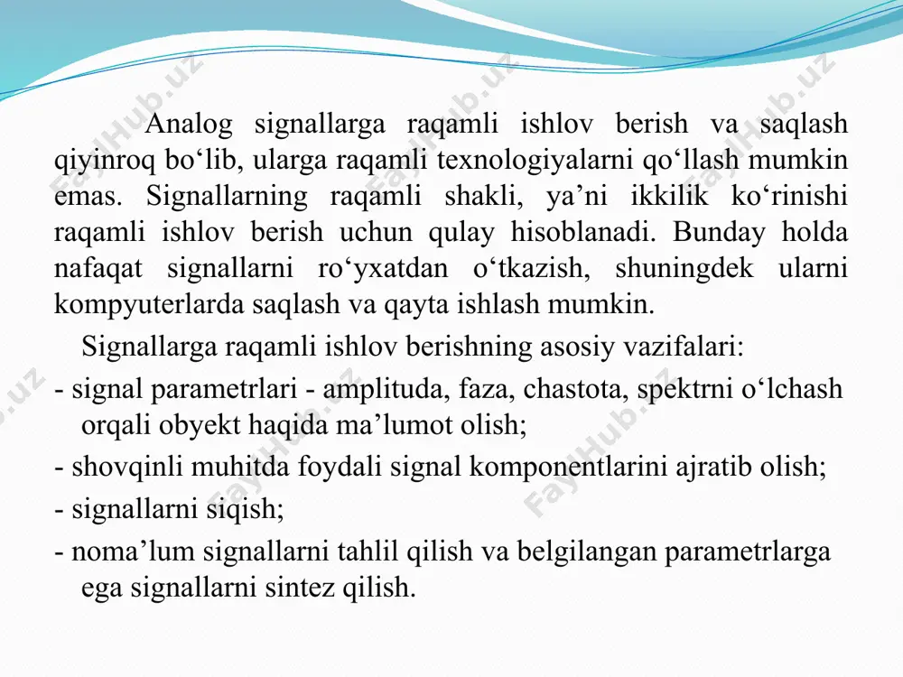 rini qayta ishlash, moliya sohasidagi risklarni baholash kabi ko'plab sohalarda keng qo'llaniladi. tasodifiy signallarga ishlov berishda ushbu prinsiplar va metodlardan foydalanish orqali tizimlarning samaradorligini oshirish mumkin bo'ladi. xulosa tasodifiy signallarni analizi va qayta ishlashi hisoblash nazariyasi asoslariga tayangan holda amalga oshiriladi. ular muhandislik sohalarida keng qo'llaniladi va turli xil amaliy muammolarni hal qilishda foydalidir. asosiy va qo‘shimcha o‘quv adabiyotlar hamda axborot manbalari. asosiy adabiyotlar gonzalez and woods. “digital image processing, 4th edition.” pearson/prentice hall. 2018. гонсалес, рафаел, анд ричард вудс. сифровая обработка изображений. (авторизованный перевод издания на английском языке) литрес, 2019 li tian. “digital signal processing fundamentals and applications.” academic press is an imprint of elsevier. 2008. vinay k. ingle and john g. proakis. “digital signal processing using matlab, third edition”. global engineering. 2012. oppenheim, a.v., & schafer, r.w., "discrete-time signal processing", prentice hall. proakis, j.g., & manolakis, d.g., "digital signal processing: principles algorithms and applications", pearson. haykin, s., & …
