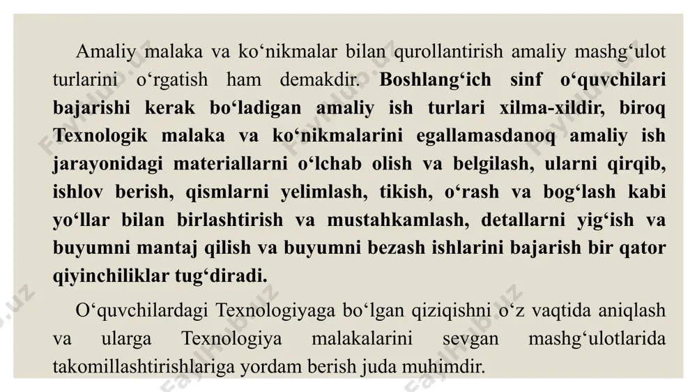 sh tuzish. gazlama va tolali materiallar bilan ishlash (5 soat) tikuvchilikda ishlatiladigan asboblar. gazlama bilan ishlash, to‘g‘ri chok tikishni o‘rganish. to‘g‘ri chok turlaridan foydalanib, quyosh tasvirini tikish. gazlama bilan ishlash. 2 teshikli tugmachani tikish. plastilin va loy ishi (3 soat) loy yoki plastilindan ishlash qoidalari haqida tushuncha. plastilindan turli haykalchalar, jo‘ja shaklini yasash. pazandachilikda ishlatiladigan xomashyolar, asbob-uskunalar haqida suhbat (plastilindan tort, pishiriqlar shaklini yasash) . turli materiallar bilan ishlash (4 soat) “oltin kuz” mavzusida gerbariy tayyorlash. bahorgi dala ishlari. maktab еr uchastkasidagi gullarni parvarishlash. badiiy qurish-yasash (8 soat) tabiiy va turli materiallardan o‘yinchoqlar, parranda yoki hayvonlar shakllarini qurish-yasash. hokandoz, rangli qog‘ozdan qirqilgan geometrik shakllarni bir-biriga еlimlash, qog‘ozni buklash va еlimlash orqali o‘yinchoqlarni, turli maketlar va uchuvchi planer qurish-yasash. 2-sinf qog‘oz va karton bilan ishlash (13 soat) qog‘ozlarni buklash usullari, rangli qog‘ozlardan turli gullar shaklini yasash. qog‘ozni qirqish va buklash orqali dekorativ gullar, kitobcha uchun muqova tayyorlash. rangli qog‘ozlardan archa bezaklarini …