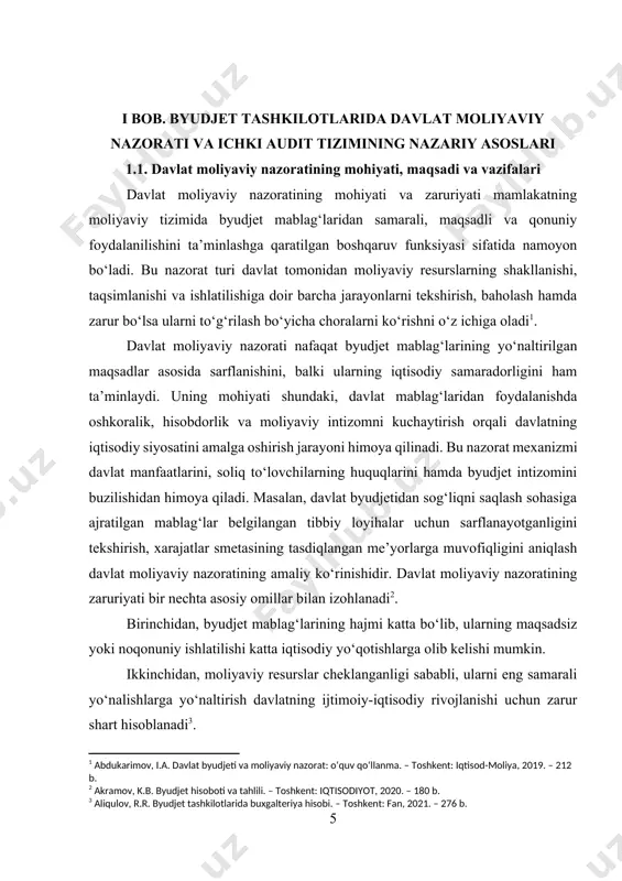 ujjatlarining to‘g‘riligini tekshirish jarayonida aniqlangan ortiqcha xarajatlar yoki ortiqcha to‘lovlar nazorat organlari tomonidan bartaraf etiladi. davlat moliyaviy nazoratining samaradorligi bevosita nazorat jarayonining qamrovi, aniqlik darajasi va tezkorligiga bog‘liq bo‘lib, bu jarayonning to‘g‘ri tashkil etilishi davlat moliya tizimining barqarorligi va ishonchliligini oshiradi. davlat moliyaviy nazorati faqatgina moliyaviy tekshiruv vositasi emas, balki iqtisodiy siyosatni amalga oshirishda muhim boshqaruv instrumenti sifatida ham katta ahamiyatga ega[footnoteref:4]. [4: alimov, b.a. moliyaviy menejment: o‘quv qo‘llanma. – toshkent: iqtisod-moliya, 2019. – 235 b.] davlat moliyaviy nazoratining maqsadlari mamlakat moliya tizimini samarali boshqarish, byudjet mablag‘laridan qonuniy, maqsadli va oqilona foydalanilishini ta’minlash, moliyaviy intizomni mustahkamlash hamda davlatning ijtimoiy-iqtisodiy siyosatini amalga oshirish jarayonida resurslardan foydalanish samaradorligini oshirishga qaratilgan. ushbu maqsadlarning birinchisi byudjet mablag‘laridan foydalanishning qonuniyligini ta’minlashdir. bu degani, davlat organlari, byudjet tashkilotlari va boshqa byudjetdan mablag‘ oluvchi subyektlar mablag‘larni faqat belgilangan qonunchilik va normativ-huquqiy hujjatlar asosida sarflashlari kerak. masalan, ta’lim tizimiga ajratilgan mablag‘lar faqat o‘quv jarayonini rivojlantirish, o‘quvchilar uchun zarur …