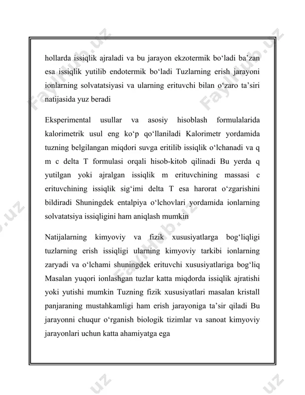 asosli ta'sir: eritmaga qo‘shilgan kuchli kislotalar yoki asoslar buferning barqarorligini buzishi mumkin. buning oldini olish uchun, bufer eritmalari qo‘llaniladigan tizimlarda juda ehtiyotkorlik bilan ishlatiladi. 5. tizimdagi boshqa ionlar: ba'zi ionlar, masalan, metal ionlari, bufer tizimining barqarorligini buzishi mumkin. shuning uchun, bufer eritmalaridan foydalanishda qo‘shimcha moddalarning ta'siri hisobga olinishi lozim. 3 bufer eritmalarning turlari bufer eritmalarini ikki asosiy guruhga bo‘lish mumkin: kislota-baza buferlari va asos-baza buferlari. har bir tur o‘zining maxsus ishlash mexanizmi va xususiyatlariga ega. quyida bufer eritmalarining turlari haqida batafsil ma'lumot berilgan: kislota-baza buferlari bufer eritmasining bu turi kuchsiz kislota va uning kuchli asosli tuzidan tashkil topadi. kislota komponenti o‘zining vodorod ionlarini (h⁺) chiqaradi, asos komponenti esa bu ionlarni neytrallashga yordam beradi. misol: sirka kislotasi va natriy asetat (ch₃cooh va ch₃coona). fosfor kislota va uning tuzlari. bufer eritmalarining bu turi kislotalarning qo‘shilishiga qarshi kurashib, ph-ni pasaytirishni oldini oladi. asos-baza buferlari bufer eritmasining bu turi kuchsiz asos va uning kuchli …