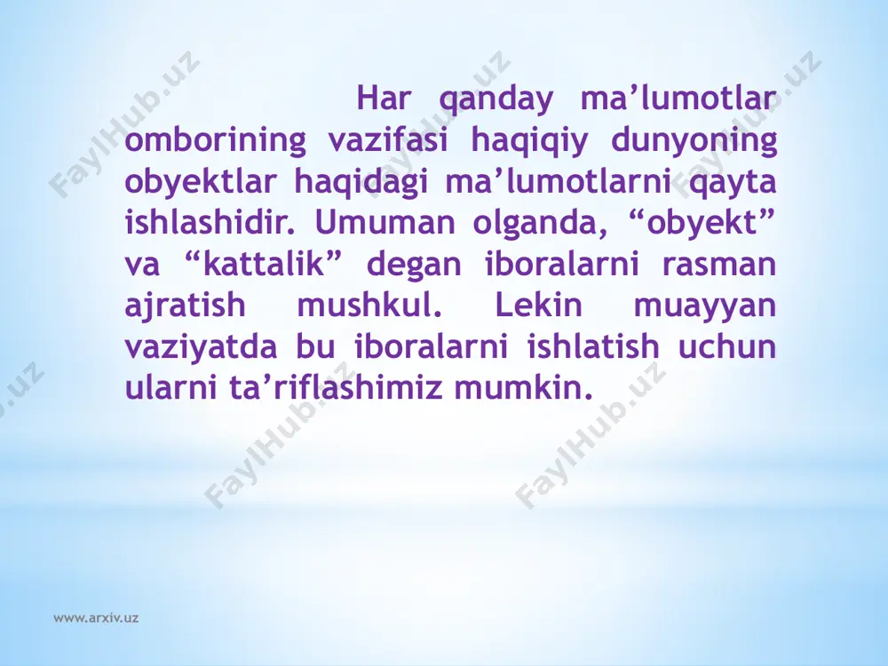 vositalarining yangi sinfini tashkil etadi. ular axborotlarni qayta ishlashning yuqori kafolatlanishi, arzonligi, ixchamligi, turli amallarni bajara olishi, kam elektr quvvatini sarflashi bilan ajralib turadi. bu xususiyatlar kompyuterlar asosida keng vazifalarga mo‘ljallangan avtomatlashgan ishchi joylari (aij) ni yaratish imkonini beradi. www.arxiv.uz www.arxiv.uz e’tiboringiz uchun rahmat www.arxiv.uz image1.jpeg image2.jpeg image3.jpeg