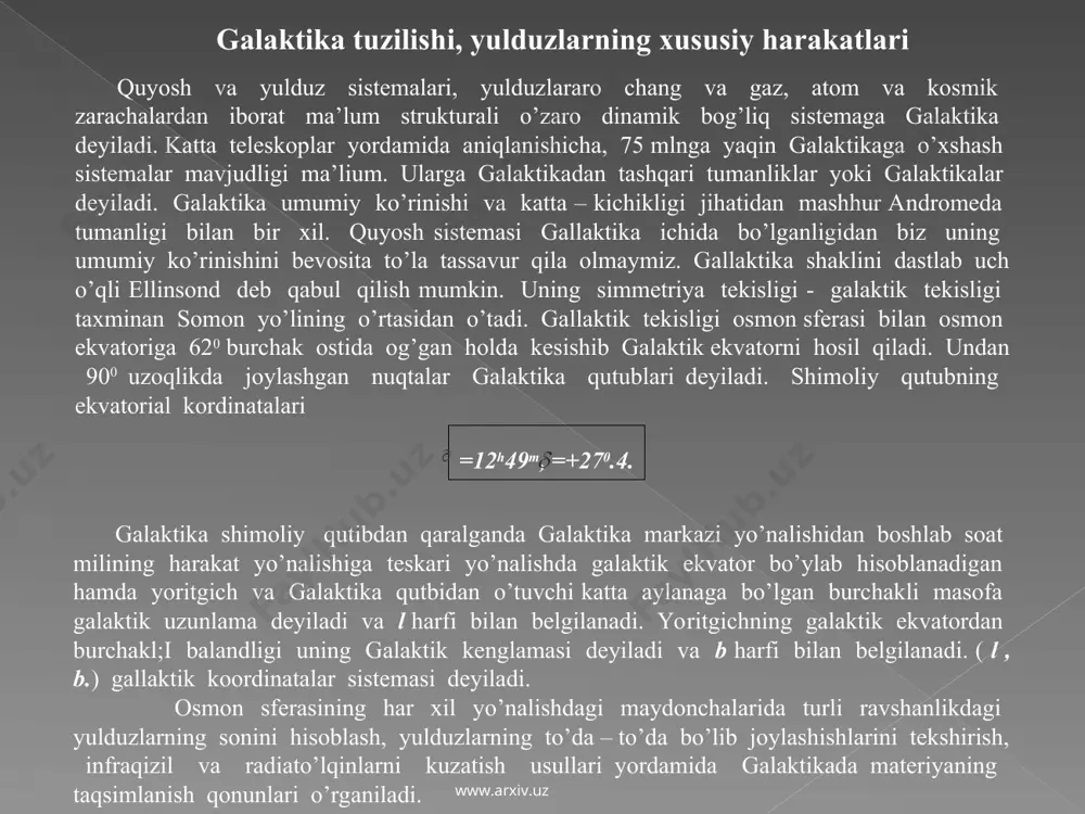 yuqlanish sohalar paydo bo’lgan bu quyuqlanish sohalar alohida massaga ega bo’lgan bulutlarni hosil qilgan ayrim bulutlar aylanish momentiga ega bo’lib markazga tomon yanada quyuqlana borgan, bulardan keyinchalik spiralsimon galaktikalar paydo bo’lgan ayrimlari deyarli amalda aylanmagan. bular elliptik galaktikalar hosil bo’lishiga olib kelgan markaziy quyuqlanishiga ega bo’lmay aylanish momentiga ega bo’lgan bulutlar noto’g’ri galaktikalar hosil bo’lishiga olib kelgan. galaktikalar aro chang bulutlari geliy va vodoroddan iborat boshlangich bo’lib ular yemirilish natijasida o’z markaziga tomon quyuqlanishni hosil qilgan. bunday quyuqlanishlarning tezligi 250 km/s ga ega bo’lib harakati tartibsiz bo’lgan ulardan sharsimon 1-avlod yulduz to’dalari paydo bo’lgan bular galaktikada sistemachalarni hosil qilgan. tez yulduz galaktikalari va sharsimon to’dalar galaktikamiz atrofida aynan hozirgi manzarani hosil qilgan. undan so’ng galaktikaning massif yoki missif emasligiga bog’liq ravishda har xil yo’nalishlar bo’ylab harakatlangan massif galaktikalarda evolyutsiya tezroq boradi. agar aylanish momenti katta bo’lsa sb galaktikalar nisbatan pastroq bo’lsa, sb galaktikalar kichik bo’lsa sa galaktikalar paydo bo’lgan. bizning …