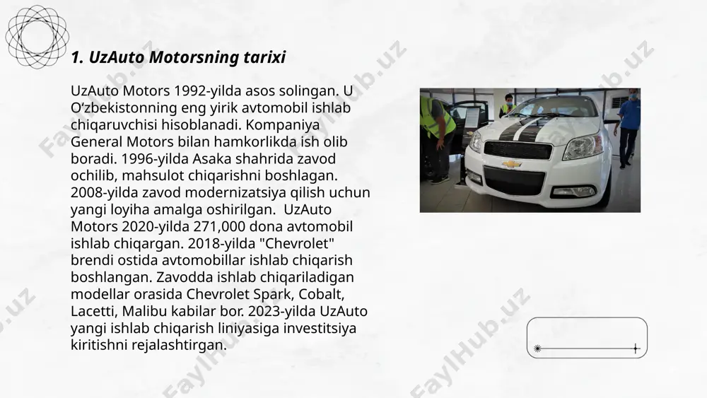 oshiradi. yakuniy maqsad: global miqyosda ekologik bardoshli xizmatlarni qo‘llab-quvvatlashga intilish. ... t.me/slaydai_bot 7. uzauto motorsning ichki bozordagi roli uzauto motors oʻzbekistonning avtomobil sanoatida yetakchi kompaniyalardan biri hisoblanadi. 2022-yilda kompaniya ichki bozorda 300 mingdan ortiq avtomobil sotishni maqsad qilgan edi. uzauto motors o'zbekistonda ishlab chiqarilgan avtomobillar ulushining qariyb 95 foizini tashkil etadi. 2021-yil davomida kompaniya qariyb 270 mingta avtomobil ishlab chiqarishni amalga oshirdi va bu raqamlarning 70 mingga yaqini eksport qilindi. hozirgi vaqtda oʻzbekistonda ishlab chiqariladigan avtomobillar modellari orasida chevrolet kabi brendlar yetakchilik qilmoqda. uzauto motors'ning yangi modellar va innovatsion texnologiyalarni joriy etish orqali ichki bozordagi mavqeini mustahkamlash maqsadi bor. ... t.me/slaydai_bot uzauto motors kompaniyasining ishlab chiqarish quvvatlari yillik 300,000 dona avtomobil ishlab chiqarishga mo‘ljallangan. zavod andijon viloyatida joylashgan va kompaniya 1992-yilda tashkil etilgan. 2021-yilda kompaniya 270,000 dona avtomobil ishlab chiqargan. bu yutuq mahsulotlar sifatini oshirish va yangi texnologiyalarni joriy qilish natijasi hisoblanadi. asosiy ishlab chiqarilayotgan modellarga chevrolet lacetti, cobalt, malibu, …