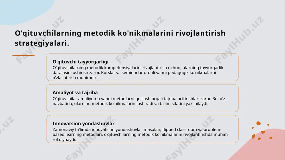 talabalar o'zlarining fikrlarini erkin ifoda etish imkoniyatiga ega bo'ladilar. 4 natijalar va samaralar innovatsion metodlar ta'lim jarayonida natijalarni oshirishga yordam beradi. o'zgarishlar talabalar o'quv natijalarini yaxshilash va ularni mustaqil fikrlashga rag'batlantiradi. xulosa 1 o'qituvchining roli o'qituvchilarning metodik kompetensiyasi ta'lim jarayonida muhim rol o'ynaydi, talabalarni muvaffaqiyatga olib boruvchi asosiy omil hisoblanadi. 2 innovatsion yondashuvlar zamonaviy ta'limda innovatsion metodlar va strategiyalarni qo'llash, o'qituvchilarning ko'nikmalarini rivojlantirishda muhim ahamiyatga ega. 3 baholash va rivojlanish o'qituvchilarning metodik kompetensiyasini baholash mezonlari va usullari, ularning samaradorligini oshirishga xizmat qiladi va ta'lim sifatini yaxshilaydi. e'tiboringiz uchun rahmat! /docprops/thumbnail.jpeg