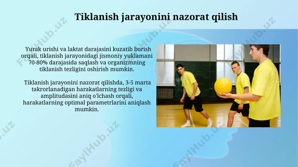 tezlikli videofilmlar va kuch sensorlaridan foydalaniladi, bu esa suvda harakatlanishning samaradorligini 5% gacha oshirish imkonini beradi va muayyan fazalarni takrorlash sonini aniqlaydi. futbolchilarning jismoniy tayyorgarligi darajasini baholashda, maksimal kislorod iste'moli (vo2 max) va anaerobik quvvat sinovlari kabi fiziologik ko'rsatkichlar, shuningdek, o'yin davomida o'rtacha yurak urishi tezligi kabi ma'lumotlar tahlil qilinadi. sportdagi nazoratning ahamiyati sportdagi nazorat, sportchining 80% ga yaqin yutuqlarini ta'minlaydigan muhim omil hisoblanadi, chunki bu jarayon orqali murabbiy 100% samara uchun individual yondashuvni aniqlaydi. to'g'ri tashkil etilgan nazorat tizimi jarohatlar sonini 20% ga kamaytirishga va sportchining umumiy salomatligini yaxshilashga yordam beradi, bu esa uzoq muddatli muvaffaqiyatlar uchun muhim ahamiyatga ega. nazorat turlari: umumiy tasnif nazoratning 3 asosiy turi mavjud: joriy nazorat (har bir mashg‘ulotdan keyin), davriy nazorat (haftalik, oylik) va yakuniy nazorat (mavsum oxirida yoki musobaqadan oldin), ularning har biri turli ko‘rsatkichlarni o‘lchaydi. biomexanik tahlilni qo‘llab, harakatlarning 20 dan ortiq parametrini o‘lchash orqali, harakat texnikasini takomillashtirish va jarohatlarni oldini …