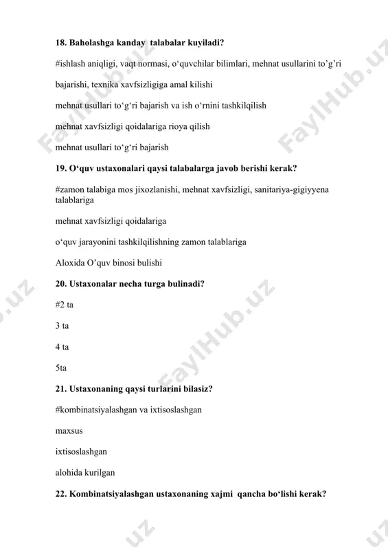 atika matematika tarix 52. mehnat ta’limining asosiy prinsiplarini belgilab bering? #nazorat bilan amaliyot birligi, ilmiylik, onglilik, faollik, politexnik prinsip, ko’rgazmalilik mehnat tayyorgarligini o‘quvchilarni kasb egallashlarini belgilab beradi ishlab chikarish va texnologik jarayonlar 53. ilmiylik prinsipini vazifasi nima? #ilmiylik prinsipi o‘quv ishlariga praktikada sinalgan, jihatdan to‘g‘ri fanning eng katta yutuqlarini hisobga olgan texnikaviy ma’lumotlar berish ilmiylik prinsipi o‘quvchilarga biron-bir kasb o‘rgatishni ko‘zda tutadi aqliy qobiliyatlarni rivojlantirish mehnat faoliyatiga tayyorlash 54. mehnat ta’limida onglilik va aktivlik prinspini vazifasi nima? #mazkur prinsiplar o‘rganilayotgan materiallarni o‘quvchilarga ongli ravishda o’zlashtirishga erishish orkali o’quvchilarning faolligini ta’minlash o‘quvchilarni mehnat ko‘nikmalarini olish ko‘zda tutilgan o‘quvchilarga taxminiy bilimlar berish o’quvchilarni faol hayotga tayyorlash 55. mehnat ta’limida ko‘rsatmalilik prinsipi nimani belgilab beradi? #o‘quv materiallarini o‘quvchilar o‘rganayotgan xodisa va predmetlarini jonli idrok etish asosida o‘zlashtirilishi belgilaydi o‘quvchilarni bilim olishga va mehnatqilishga qiziqishlarini belgilaydi tezda kasb egallashlarini belgilaydi ongli ravishda uzlashtirishga erishadi 56. mehnat ta’limida rejalashtiruvchi hujjatlar nimadan iborat? #taqvimiy mavzuli reja, …