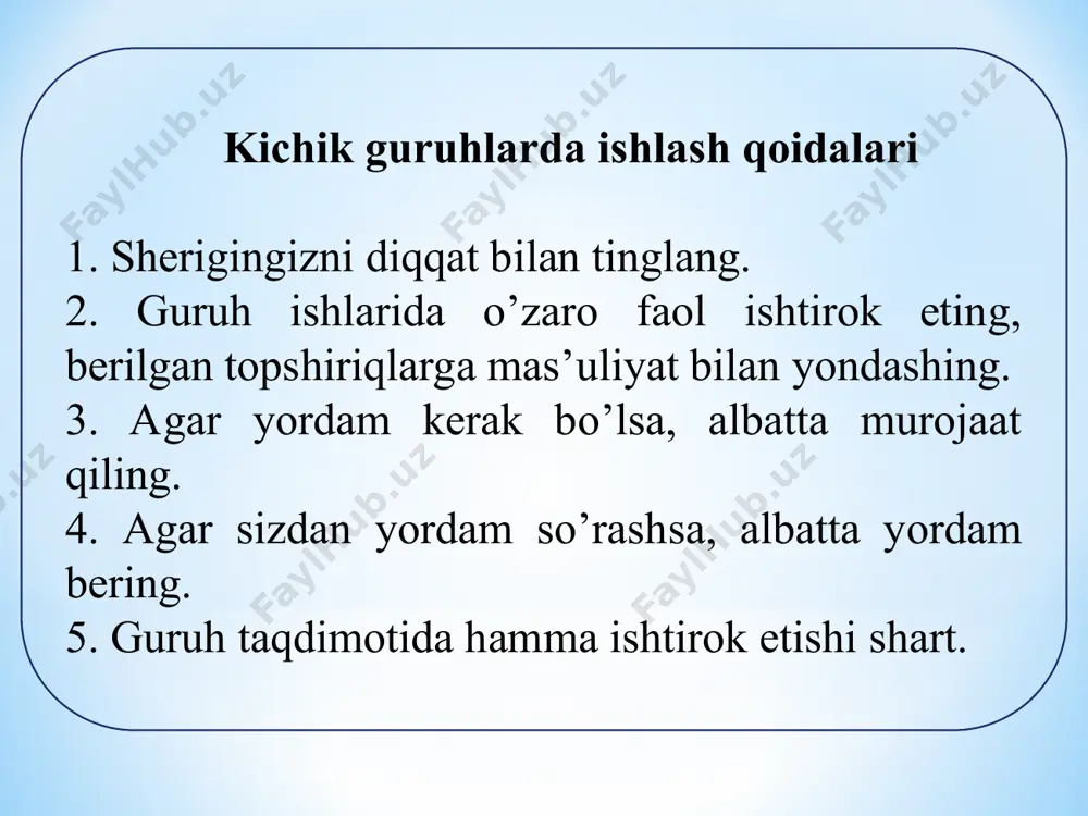 arzandlikka olgan oila bilan olib boriladigan ijtimoiy-pedagogik faoliyat bosqichlari va mazmuni № ijtimoiy-pedagogik faoliyat bosqichlari ijtimoiy-pedagogik faoliyat vazifalari ijtimoiy-pedagogik faoliyat metodlari 1 farzandlikka oluvchi oilani qidirish. axborot berish anketa so‘rovlari, suhbat, intervyu o‘tkazish 2 bo‘lg‘usi qabul qiluvchi ota-onalarni o‘rganish. tashhis qo‘yish (ilk) anketa so‘rovlari o‘tkazish, suhbat 3 bola bo‘lgan muassasa va oilalarga tashrif buyurish (bolalar uyi, inqirozli oila) va boshqalar. vositachilik kuzatuv, suhbat 4 bo‘lg‘usi bola qabul qiluvchi oilani o‘rganish. tashhis qo‘yish (guruhlashgan) test o‘tkazish, suhbat, hujjatlarni o‘rganish 5 boshlang‘ich ta’lim: ma’ruza qilish, hikoya, suhbat o‘tkazish, video-filmlar ko‘rsatish. ta’lim berish ma’ruza, suhbat, kuzatuv, mashg‘ulotlar 6 bolani oilaga oylashtirish, ota-onalarga chuqur ta’lim berish. patronaj kerakli metodlardan o‘z o‘rnida foydalanish e’’tiboringiz uchun raxmat!