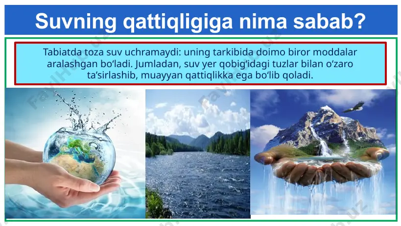 igi bilan bog‘liq. i9 presentation to joe smith ‹#› vaqtinchalik qattiqlik kalsiy qattiqligi — suvda kalsiy tuzlari mavjudligi bilan bog‘liq. magniy qattiqligi — suvda magniy tuzlari mavjudligi bilan bog‘liq. umumiy qattiqlik — suvning kalsiy va magniy qattiqligi yig‘indisi. i9 presentation to joe smith ‹#› suvni yumshatish suvning qattiqligini pasaytirish, yumshatish uchun distillatsiya (suvni haydash) hamda kimyoviy usullardan foydalaniladi. i9 presentation to joe smith ‹#› suvni yumshatish ca(hco3)2 caco3+ h2o + co2 mg(hco3)2 mgco3+ h2o + co2 kimyoviy usullarda magniy va kalsiy ionlari suvdan erimaydigan birikmalar tarzida chiqarib yuboriladi. buning uchun: suvni qaynatish yo‘li bilan vaqtinchalik qattiqlik yo‘qo­tiladi: i9 presentation to joe smith ‹#› suvni yumshatish uchun 2. ohakli suv qo‘shiladi: ca(hco3)2 + ca(oh)2 =2caco3 + 2h2o mg(hco3)2 + ca(oh)2 =caco3* mgco3 + 2h2o i9 presentation to joe smith ‹#› suvni yumshatish uchun 3. ishqor ta’sir ettiriladi: ca(hco3)2 + 2naoh= caco3 + na2co3 + 2h2o mg(hco3)2 + 2naoh= mgco3 + na2co3 …