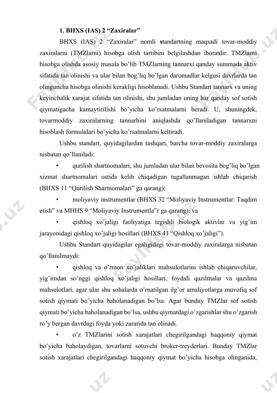 amaliyotlarga muvofiq sof sotish qiymati bo’yicha baholanadigan bo’lsa. agar bunday tmzlar sof sotish qiymati bo’yicha baholanadigan bo’lsa, ushbu qiymatdagi o’zgarishlar shu o’zgarish ro’y bergan davrdagi foyda yoki zararida tan olinadi. · o’z tmzlarini sotish xarajatlari chegirilgandagi haqqoniy qiymat bo’yicha baholaydigan, tovarlarni sotuvchi broker-treyderlari. bunday tmzlar sotish xarajatlari chegirilgandagi haqqoniy qiymat bo’yicha hisobga olinganida, sotish xarajatlari chegirilgandagi haqqoniy qiymatdagi o’zgarishlar o’zgarish ro’y bergan davrdagi foyda yoki zararida tan olinadi. tovar-moddiy zaxiralari tannarxi yoki sof sotish qiymatidan qaysi biri kamroq bo’lsa, o’sha bo’yicha baholanishi lozim. tovar-moddiy zaxiralar tannarxiga tmzlarni sotib olish, qayta ishlash va ularni hozirgi paytdagi joylashishi hamda holatiga keltirish uchun amalga oshirilgan boshqa jami xarajatlar kiritilishi lozim. tovar-moddiy zaxiraning sotib olish xarajatlariga xarid narhi, import bojlari va boshqa soliqlar (soliq idoralari tomonidan xo’jalik sub’ektiga keyinchalik qaytariladiganlardan tashqari), tashish, ortish-tushirish hamda tayyor mahsulotlar, materiallar va xizmatlarni sotib olish bilan bevosita bog’liq boshqa jami xarajatlar kiradi. savdo chegirmalari, qoplab berishlar va shu …