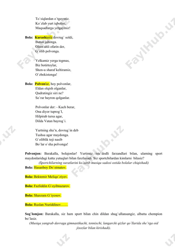 kka, balandga, sakrash-u kross – bari, bilsangiz, bolajonlar, shu sport talablari…. bola: shaxmatni qadim bizda, shatranj degan ekanlar. o`yinmas, aqlimizga qo`shilgan ganj deganlar. bu o`yinni shohlar-u fuqaro birdek suygan. saroy-u o`tovlarda, hamma birdek zavq tuygan. o`zbek o`g`li rustambek, jahonning chempioni. shaxmat tojini kiydi, qoyil qilib dunyoni. bola: qilichbozlik ko`hna, qadim, ermak emas. qilichbozlik – har yigitga ko`rk-u havas. bugun esa sportning bu go`zal turi, barchasidan qiziqarli va mashhuri. sog`lomjon: sportni suyib jondan, bardam, salomat bo`ling. polvonjon: bahra olib har ondan, oqil, alpqomat bo`ling! keling bolajonlar, bir o`yin o`ynaymiz. (o`yinning shartini tushuntiradi). oyin: “kim chaqqon” (davraga futbolchi, xokkeychi, velopoygachi kiradi). bola: xokkeyni kim bilmaydi, kim ham havas qilmaydi?! egri gavron suyanib, muz ustida sirpanib, shaybani olib chaqqon, raqibni qilib hayron, darvozasiga simto`r, gollar ursang – qanday zo`r! qayga borsang – sen mashhur, “yashavor, qandingni ur!” chet elliklar der: “o – key!” hammasidan zo`r xokkey! bola: velosiped deganlari – uchqur ot ekan. …