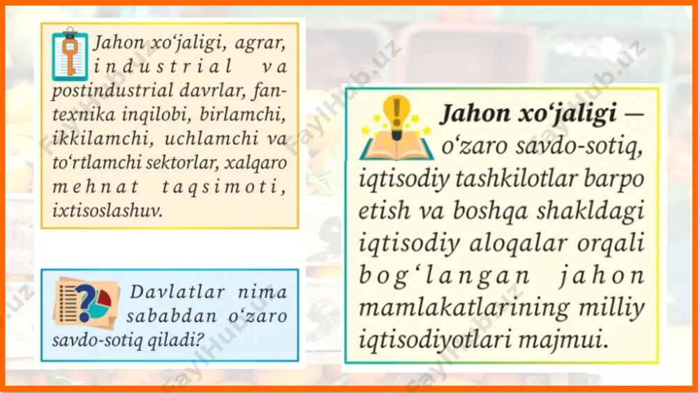 oqda. shu bilan birga, biotexnologiya, yangi konstruktiv materiallar ishlab chiqarish, robotsozlik kabi tarmoqlar rivojlanishi ushbu davrning muhim yutuqlari hisoblanadi. fan-texnika inqilobi tufayli jahon iqtisodiyotida yuz berayotgan o‘zgarishlarga qaramay rivojlangan hamda rivojlanayotgan davlatlar orasidagi fan va texnologiyalarning rivojlanishi borasidagi tafovutlar hali ham kattaligicha qolmoqda. masalan, butun jahonda bajariladigan ilmiy tadqiqot ishlarining 4/5 qismi 10 ta rivojlangan mamlakatga (yaponiya, aqsh, germaniya va boshqalar) to‘g‘ri keladi. rivojlanayotgan davlatlar hissasiga esa jahon-dagi ilm-fanga yo‘naltirilgan xarajatlarning atigi 4–5% i to‘g‘ri keladi. jahon xo‘jaligining rivojlanishida uning asosiy tarmoqlari katta ahamiyatga ega. ularni mahsulot va xizmatlarni ishlab chiqarish xususiyatlariga qarab bir necha sektorlarga ajratish mumkin (23-rasm). qishloq va o‘rmon xo‘jaligi, baliqchilik, ovchilik, tog‘-kon sanoati birlamchi sektor tarkibiga kiradi.bu sektor tarmoqlari, asosan, sanoat uchun zaruriy xomashyoni yetkazib beradi. ikkilamchi sektor tarmoqlari (qayta ishlovchi sanoat va qurilish) tayyor mahsulot yaratishga yo‘naltirilgan bo‘lsa, aholi va korxonalarga xizmat ko‘rsatish uchlamchi sektorning asosiy vazifasi hisoblanadi. to‘rtlamchi sektortarmoqlari esa yangi bilim, ilmiy-texnik va …