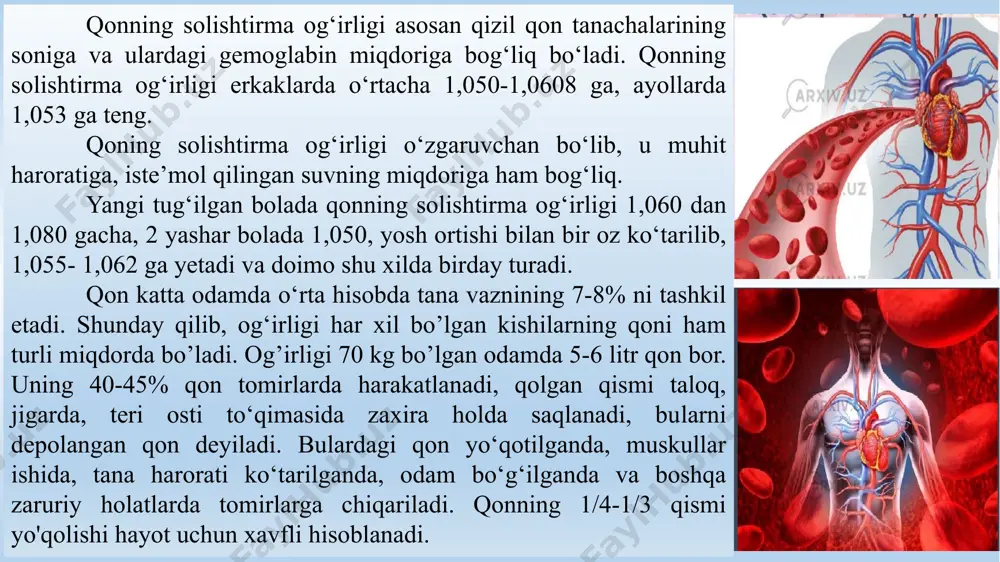 shqari, yangi tug‘ilgan bolaning qon plazmasida - osh tuzi va qandning miqdori nisbatan kam bo’ladi va 6 yoshga kelib, katta odamnikiga yetadi. kalsiy tuzlari esa, katta odamnikiga nisbatan ko‘p bo'ladi. eritrotsitlar, vazifalari va yosh xususiyatlari. ular ikki tomoni botiq ellips shaklidagi yadrosiz hujayralardir. ularning diametri 7-8 mkm ga, qalinligi 2,52 mkm ga teng, erkaklarda 1 mm3 qonda 4,5-5 mln, ayollarda 4-4,5 mln dona eritrotsit bo’ladi. inson organizmida taxminan 25 trillion eritrotsit bo’lib, har sutkada o’lgan eritrotsitlar o'rniga ko‘mikdan taxminan 300 milliard yangi eritrotsit hosil bo’ladi. eritrotsitlar hayoti 30-120 kun gacha davom etadi. eritrotsitlar qizil ilikda yetiladi. ularning ko‘pchiligini (85-90%) qonga rang beruvchi gemoglobin tashkil etadi. 100 g qonda o‘rta hisobda 16,6-17 g gemoglobin bor. eritrotsitlar tarkibidagi gemoglobin o‘pkadan kislorod biriktirib olib, organizmning hujayra va to‘qimalariga yetkazib beradi. gemoglobin gem va oqsil - globindan tashkil topgan bo’lib, gem qismida fe++ saqlanadi. eritrositlar. eritrotsitlar soni yoki ulardagi gemoglobin miqdorining kamayib ketishiga kamqonlik …