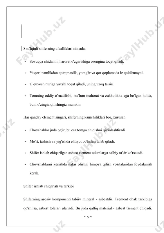 oldindan qo'llaniladigan belgilarga ko'ra, slanetsni mahkamlash uchun teshiklarni oldindan burg'ulash yaxshiroqdir. teshik diametri mahkamlagich diametridan 3 mm kattaroq bo'lishi kerak. asbest-sement shiferi uzoq vaqtdan beri eng mashhur tom yopish bo'lib kelgan. qurilish bozorida yangi materiallar paydo bo'lishi bilan uning iste'moli kamaydi. hozirda u takomillashtirilmoqda. asbest asosidagi ikki tomonlama himoya qoplamasi shiferni ekologik jihatdan qulay qildi. rangli choyshablar ishlab chiqarish foydalanish ko'lamini kengaytirdi. shubhasiz, bu material ishlash xususiyatlariga ko'ra eng arzon tom yopish bo'lib qolmoqda. tom yopish ishlarini boshlashdan oldin, butun tomning skeletiga (truss tizimi) rulman yukini hisoblash kerak. va buning uchun, agar ushbu tom yopish materiali ishlatilsa, 8 to'lqinli shifer va 7 to'lqinli shiferning og'irligini hisoblash juda muhimdir. shuni esda tutish kerakki, noto'g'ri hisob-kitoblar birinchi navbatda tom skeletining cho'kishi, keyin esa uni yo'q qilish bilan tahdid qiladi. quyidagi maqolada biz 8 va 7 to'lqinlar uchun shifer varag'ining og'irligi qancha ekanligini batafsil tahlil qilamiz (chunki bu xususiy qurilishda ishlatiladigan material variantlari). …