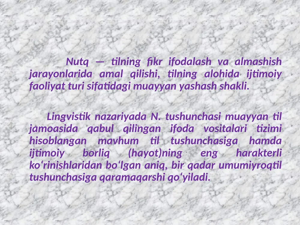 ash, oʻzini oʻzi tanqid, baholash, tekshirish, oʻzini oʻzi tekshirish, nazorat qilish, oʻzini oʻzi nazorat qilish, guruhiy mulohaza yuritishdan iborat tafakkur sifatlari vujudga keladi. insonning inson tomonidan idrok kilinishi ham tafakkur bilan uzviy aloqadadir. ijodiy ishlar, kashfiyotlar, ixtirolar, takliflar tafakkurning mahsuli hisoblanadi. psixologiya tafakkurning filogenetik (insoniyat paydo boʻlishi davri), ontogenetik (kishi umri davomida) bilishga oid tarixiy jihatlarini ham oʻrganadi. hozirgi zamon fanining juda koʻp murakkab masalalari tafakkurdagi mantiqiy jarayonlarni yanada chuqurroq oʻrganishni taqozo etmoqda. til va tafakkurning birligi nutqda o`z ifodasini topadi.inson tafakkuri nutq bilan yuzaga chiqadi va uning natijalari tilda qayd etiladi. ijtimoiy hayotda, taʼlim jarayoni va ishlab chiqarish.da odamlar oʻrtasidagi aloqa va munosabatlar ham tafakkur yordamida namoyon boʻladi. foydalanilgan adabiyotlar: 1. o`zbekiston milliy ensiklopediyasi 2. vygotskiy. l.s. fikrlash va nutq 3. jinkin n.i. nutq axborot direjyori sifatida 4. g`oziyev. umumiy psixologiyatoshkent-2002. image2.png image3.png image4.png image5.png image6.png image1.jpeg /docprops/thumbnail.jpeg
