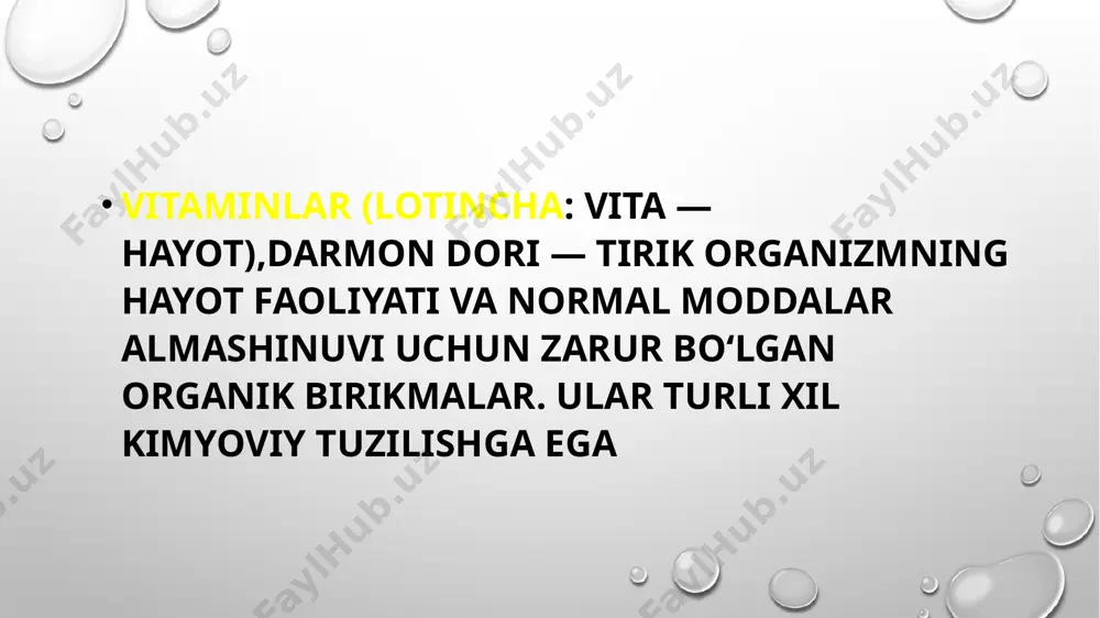 ab turgan suvga solish, qozon qopqogʻini yopib qoʻyish kerak. tishlar va milklar uchun vitaminlarning ahamiyati vitaminlar quyidagilarni ta'minlaydi: suyak to'qimasini, qon tomirlarini va asab tolalarini oziqlantirish; metabolik jarayonlar; emalni mustahkamlash; tishlarni salbiy atrof-muhit ta'siridan himoya qilish. tishlar uchun qanday vitaminlar kerak? s vitamini (askorbin kislotasi) odamlar tomonidan tishlarni mustahkamlash, tish go'shtidagi qon ketish va yallig'lanish jarayonlaridan himoya qilish uchun talab qilinadi. ushbu modda periodontit paydo bo'lishining oldini oladi. ratsionga yangi o'tlar (ukrop, maydanoz), tsitrus mevalari, olma , gul kestirib, smorodina, shirin qalampir va har xil turdagi karamni kiritish tavsiya etiladi . tishlar uchun qanday vitaminlar kerak? etarlicha d vitamini, ya'ni d3 shaklini olish muhimdir. ushbu vitamin tufayli suyaklar va tishlarning to'liq sog'lig'ini saqlab qolish mumkin, chunki u ingichka ichakda fosfor va kaltsiyning so'rilishini ta'minlaydi. tanani ushbu element bilan boyitish uchun tuxum, baliq, jigar, baliq yog'ini iste'mol qilish tavsiya etiladi. yog'da eriydigan modda toza havoda sayr qilish orqali ham so'riladi. b …