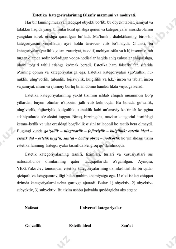 kategoriyalarining tizimlashtirilishi bir qadar qiziqarli va kengqamrovliligi bilan muhim ahamiyatga ega. u о‘zi ishlab chiqqan tizimda kategoriyalarni uchta guruxga ajratadi. bular: 1) obyektiv, 2) obyektiv-subyektiv, 3) subyektiv. bu tizim ushbu jadvalda quyidagicha aks etgan: nafosat universal kategoriyalar gо‘zallik estetik ideal san’at ulug‘vorlik estetik did badiiy obraz fojeaviylik estetik tuyg‘u ijod obyektiv kategoriyalar obyektiv-subyektiv kategoriyalar subyektiv kategoriyalar y.g.yakovlevning fikriga kо‘ra,[footnoteref:1] mazkur tizim shu turda yaratilgan boshqa tizimlardan о‘zining universal-kengqamrovli mazmun va falsafiy-estetik mohiyat kasb etib, moslashuvchanlik (subordinatsiya) va muvofiqlashtiruvchilik (koordinatsiya) tamoyilini mujassam etgani xolda “ontologik-fenomenologik va ijtimoiy-gnoseologik jihatlar”ga ega. [1: kagan m. estetika kak filosofskaya nauka. spb. 1997. s. 19.] ayniqsa, v.p.shestakovning estetika kategoriyalari tarixi, ularni tizimlashtirish muammolari, kategoriyalarga о‘ziga xos yondoshuvning zamonaviy talqinlari hamda estetik kategoriyalar tasnifiga doir salmoqli tadqiqotlari bugungi kunda ham о‘z ahamiyatini yо‘qotmagan. faylasuf bu borada yuiorida nomlari tilga olingan estetika nazariyotchilaridan farqli о‘laroq, kategoriyalarni uch turkumga ajratadi: dastlabki kategoriyalar, umumestetik kategoriyalar, estetik kategoriyalar kо‘rinishlari. tadqiqot davomida …