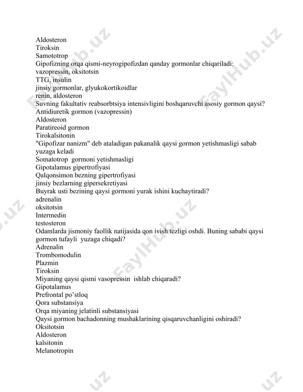 rqa miyaning jelatinli substansiyasi qaysi gormon bachadonning mushaklarining qisqaruvchanligini oshiradi? oksitotsin aldosteron kalsitonin melanotropin yallig'lanishga qarshi ta'sir ko'rsatadigan gormonlar qaysi guruhga kiradi? glukokortikoidlar mineralokortikoidlar trop gormonlar liberinlar qaysi gormonlar kapillyar tomirlar va serroz membranalar o'tkazuvchanligini oshirish orqali yallig'lanish jarayonlarining rivojlanishiga yordam beradi? mineralokortikoidlar. glyukokortikoidlar trop gormonlar liberin gormonlari to'satdan asabiy zo’riqish (masalan, qo'rquv) vaqtida qaysi gormon ko'p miqdorda ajralib chiqadi va g'oz terisi yoki tuklarning ko'tarilishiga olib kelishi mumkin? adrenalin. aldosteron kalsitonin melanotropin organizmda uglevod almashinuviga ta'sir etuvchi kontrisulyar gormon qaysi? adrenalin. tripsin kalsiytonin lipaza oshqozon osti bezining endokrin qismi qaysi gormonlarni ishlab chiqariladi? insulin,glyukagon,somatostatin triyodotironin va tiroksin somatostatin va aldosteron. aldosteron va paratiroid gormon qalqonsimon bezda quyidagi gormonlar sintezlanadi: tiroksin, triiodotironin, kalsitonin tiroksin, ttg, kalsitonin tiroksin, triiodotironin, paratiroid gormon tiroksin, triyodotironin, tireotrop gormon tiroksin ta'siri ostida qaysi nerv tizimini qaysi bo’limi faolligi asosan oshadi avtonom asab tizimining simpatik boʻlimi avtonom asab tizimining metasempatik boʻlimi somatik asab tizimi avtonom asab …