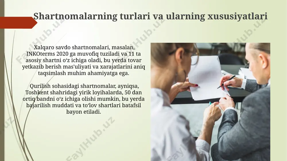 sosidagi munosabatlarni avtomatlashtirish uchun sun'iy intellekt asosidagi dasturiy ta'minotdan foydalanish 15% ga xarajatlarni kamaytirdi. shartnoma asosidagi boshqaruvning kamchiliklari kichik biznes sub'yektlari uchun, shartnoma shartlarini bajarish uchun zarur bo'lgan 100 000 so'mdan ortiq moliyaviy resurslarni jalb qilish qiyin bo'lishi, toshkent shahrida bu muammoni hal qilish uchun qo'shimcha vakolatxonalar ochishni talab qilishi mumkin. shartnomalarda noaniqliklarning mavjudligi, masalan, 3-banddagi "maqbul sifat" tushunchasi, xalqaro arbitraj sudlarida, masalan, genf shahrida uzoq muddatli va qimmatli sud jarayonlariga olib kelishi mumkin. shartnoma tuzish jarayoni xalqaro shartnomalar, masalan, o'zbekiston va rossiya o'rtasidagi 2023 yilgi investitsiya shartnomasi, ko'pincha ikki tomonlama huquqiy maslahatlashuvlarni o'z ichiga oladi. shartnoma tuzish jarayonida, 3 dan ortiq tomonlarning ishtiroki bilan 100 million so'mdan ortiq bo'lgan bitimlar toshkent shahri notariuslari huzurida rasmiylashtiriladi. ijro monitoringi va nazorati ijro monitoringi va nazorati tizimi samarqand viloyatida 2023-yilda 150 dan ortiq davlat dasturlarini amalga oshirishni kuzatishda 30% samaradorlik o'sishini ta'minladi. ijro monitoringi va nazorati bo'yicha andijon viloyati hududida o'tkazilgan audit …