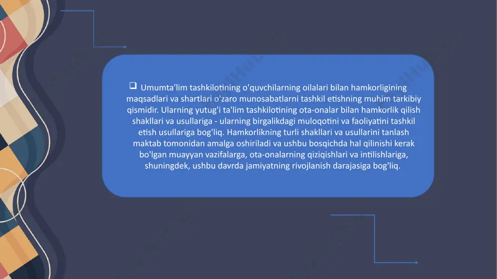 bolalarni tarbiyalash va o'qitishda imkon qadar yordam berishga yordam beradi. har bir ota-ona o'qituvchini bolani har tomonlama rivojlangan shaxs sifatida rivojlantirishga qaratilgan ishida qo'llab-quvvatlashga intiladi. ammo zamonaviy ota-onalar - bu paydo bo'lgan muammolarni, mavjud vaziyatni tahlil qilishga qodir bo'lgan bilimli odamlar, shuning uchun o'qituvchi oila bilan hamkorlikning yangi shakllaridan foydalanishi kerak. umumiy ta'lim tashkiloti va oila o'rtasidagi hamkorlikning ko'plab shakllari mavjud. belgilangan maqsadlarga erishish va yuqori natijalarga erishish uchun o'qituvchi ota-onalar bilan birgalikdagi faoliyatda turli xil hamkorlik shakllarini to'g'ri birlashtira olishi kerak. har safar o'qituvchilar tarkibi har bir oilaning xususiyatlarini hisobga olgan holda kerakli, samaraliroqlarini tanlashi kerak. axir hamkorlikning asosiy maqsadi ota-onalar bilan ittifoqdosh bo'lishdir. hamkorlikning noan'anaviy shakllari oila bilan ishlashning zamonaviy shakllari bo'lib, o'qituvchilarga ota-onalarga bolalarni tarbiyalash va o'qitishda imkon qadar yordam berishga yordam beradi. har bir ota-ona o'qituvchini bolani har tomonlama rivojlangan shaxs sifatida rivojlantirishga qaratilgan ishida qo'llab-quvvatlashga intiladi. ammo zamonaviy ota-onalar - bu paydo bo'lgan muammolarni, mavjud …
