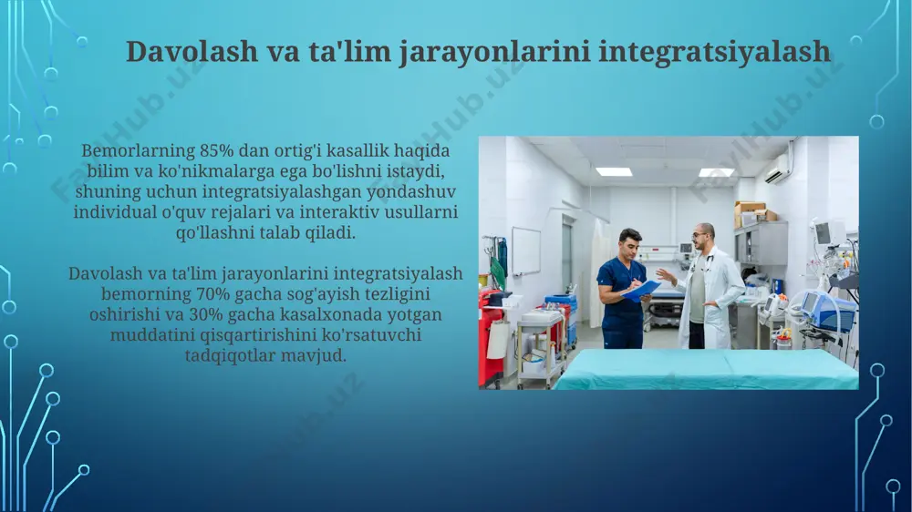 tsion texnologiyalarni, jumladan vr/arni, keng qo‘llash orqali 5-10 yil ichida 30% ga samaradorligini oshirishi mumkin. kasalxona sharoitida o'qitishning uslublari onlayn platformalar orqali masofadan turib 10 ga yaqin turli ma’ruzalar va vebinarlarni tinglash imkoniyati ta’lim jarayonini diversifikatsiya qiladi. simulyatsiya o'yinlari va virtual reallik texnologiyalaridan foydalanish orqali 20 dan ortiq turdagi tibbiy holatlarni tajriba orqali o'rganish imkoniyati yaratiladi. ta'limning maqsadlari va vazifalari tibbiyot xodimlarini o'qitish jarayonida 3 bosqichli baholash tizimi (nazariy bilim, amaliy ko'nikma, bemor bilan muloqot) qo'llanilib, har bir bosqichda kamida 70 ball to'plash talab etiladi. kasbiy pedagogika tamoyillaridan foydalanib, 5 ta asosiy klinik ko'nikmalarni rivojlantirish va amaliy mashg'ulotlar orqali 80% dan yuqori natijaga erishish vazifasi qo'yilgan. psixologik-pedagogik qo'llab-quvvatlash bemorlarning 70% dan ortig'i psixologik-pedagogik qo'llab-quvvatlash dasturlaridan keyin o'zlarining sog'lig'iga bo'lgan munosabatlarini ijobiy tomonga o'zgartirganliklarini bildirishadi. ushbu qo'llab-quvvatlash tizimi individual yondashuvni, kommunikativ ko'nikmalarni rivojlantirishni va stressni boshqarish bo'yicha 5 ta asosiy amaliy texnikalarni o'z ichiga oladi. e'tiboringiz uchun rahmat @taqdimot_robot image3.jpg image4.jpg …