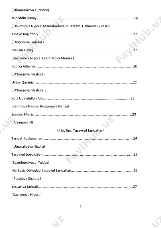 …………………………………………………………………………………………………………50 ( o’lmasova m, ibrohimova m, umaraliyeva n) tavakkul………………………………………………………………………………………………………….52 ( umaraliyeva n ) murshid………………………………………………………………………………………………………….52 ( abdulhamidova f ) xirqa………………………………………………………………………………………………………………..54 ( abdulhamidova f, egamberdiyeva y) zikr…………………………………………………………………………………………………………………..56 (mukarramova rohatoy) jazba ……………………………………………………………………………………………………………….56 ( a’zamova n ) hol…………………………………………………………………………………………………………………..57 ( aliyeva xadiya ) tavhid………………………………………………………………………………………….…………………..57 ( o’lmasova m, olimnazarova,) jud…………………………………………………………………………………………………………………..59 ( egamberdiyeva y) solik………………………………………………………………………………………………………………..59 ( egamberdiyeva, sharifjonova ) i bo’lim. tasavvuf tarixi tasavvuf tushunchasi ( aliyeva x, egamberdiyeva y) tasavvuf diniy va dunyoviy ta`limotdir. tasavvuf ta`limoti asosida inson faoliyati va uning kamoloti yotadi. tasavvuf – musulmonlarni halollikka, poklikka, tenglikka, inson qadr-qimmatini yerga urmaslikka chorlovchi, har kimni o`zining halol mehnati bilan yashashga, boshqalarning kuchidan foydalanmaslikka da`vat etuvchi ta`limot. tasavvufdagi “ mo`minning mo`minga zulmi xaromdir” qabilidagi shiorlar qur`on oyatlariga asoslangan. tasavvuf islomda insonni ruhiy va axloqiy jihatdan komillik sari yo`llovchi ta`limot hisoblanadi. ma`ruf al-karxiy fikricha, tasavvuf – haqiqat sari intilish odamlarni tamagirlik qilmaslik va faqrlikni ixtiyor qilish.ibn xaldunning yozishicha, tasavvuf – musulmon olamida mudavvan, ya`ni sistemali bir hol …