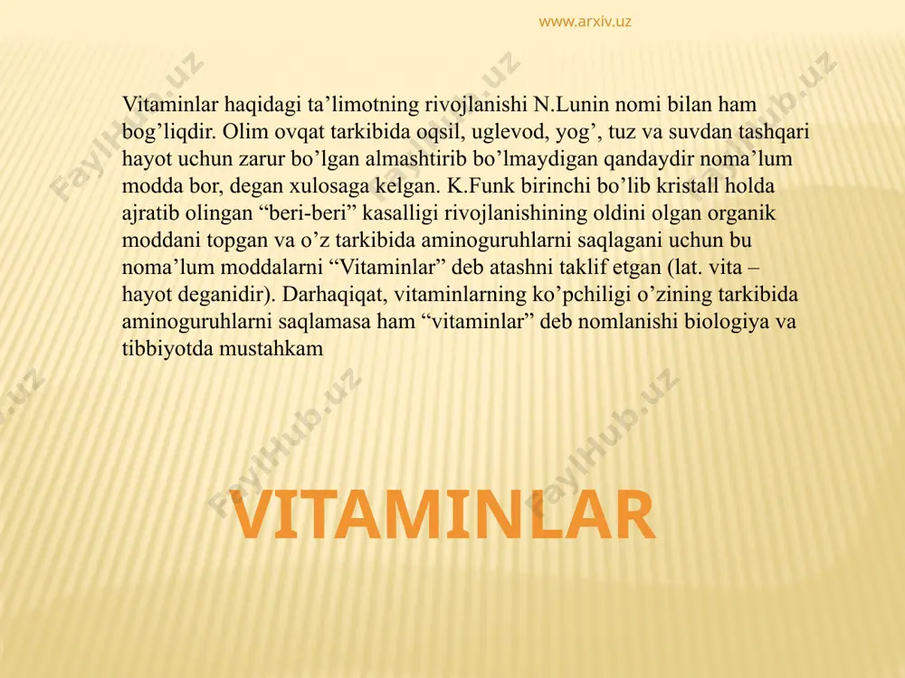 ment tarkibiga kiradi. fermentlarning yashash muddati chegaralangan bo’lganligi sababli kofermentlar parchalanadilar va organizmdan turli metabolitlar ko’rinishida chiqarib yuboriladi. yog’da eriydigan vitaminlar ham katabolizmga uchraydi, lekin ular suvda eriydigan vitaminlarga nisbatan sekinroq parchalanadi. shu sababli ham ovqat bilan birga vitaminlar doimo kirib turishi kerak. vitaminlar disbalansi yetishmagan (manfiy balans) va ortiqcha (musbat balans) ko’rinishlarida namoyon bo’ladi. vitaminning qisman yetishmasligi gipovitaminoz, judayam tanqis bo’lishi – avitaminoz deb ataladi. bitta vitaminning yetishmasligi monogipovitaminoz, bir nechtasining yetishmasligi esa – poligipovitaminoz deb ataladi. osiyo, afrika va janubiy amerika davlatlarining ayrim hududlarida aholi bir xil o’simlik tabiatiga ega bo’lgan ovqat mahsulotlarini iste’mol qilganda avitaminoz holatlari uchraydi. to’qimalarda vitaminlarning ortiqcha to’planishi gipervitaminoz deb ataladi. u yog’da eriydigan vitaminlar uchun xos. vitaminlar iste’mol omillari bo’lib, juda kam miqdorda saqlanadilar va organizmdagi biokimyoviy, fiziologik jarayonlarning normal kechishida, butun modda almashinuvining boshqarilishida qatnashadilar. modda almashinuvining buzilishi ko’pincha organizmga vitaminlarning kam qabul qilinishi, ovqat tarkibida bo’lmasligi yoki ularning organizmda hazm bo’lishi …