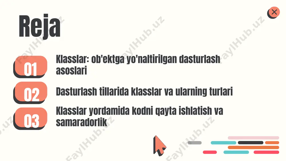 r ob'ektlar yaratish va ularni boshqarish uchun foydalaniladi. masalan, java dasturlash tilida 'car' klassi avtomobillarni ifodalaydi, unda xususiyatlar (masalan, rang va model) va metodlar (masalan, harakatlanish) mavjud. 2. mavhum klasslar va konkret klasslar: mavhum klasslar boshqa klasslar tomonidan meros olinishi uchun mo'ljallangan, konkret klasslar esa to'liq funksional klasslardir. misol uchun, 'animal' mavhum klassi, unda umumiy xususiyatlar mavjud, va undan meros oluvchi 'dog' konkret klassi esa o'ziga xos xususiyatlarga ega. 3. statik va dinamik klasslar: statik klasslar dastur ishga tushirilganda yaratiladi, dinamik klasslar esa dastur davomida yaratilishi mumkin. masalan, c# dasturlash tilida 'math' klassi statikdir va matematik funksiyalarni taqdim etadi, 'user' klassi esa dinamik bo'lib, foydalanuvchilarni yaratish va boshqarish uchun ishlatiladi. har bir klass turi o'ziga xos xususiyatlarga ega va dasturlash jarayonini yanada samarali qiladi. klasslar va ularning xususiyatlari klasslarning asosiy xususiyatlari quyidagilardan iborat: 1. **qayta ishlatish imkoniyatlari**: klasslar kodni bir marta yozib, uni bir nechta joylarda foydalanish imkonini beradi. masalan, …