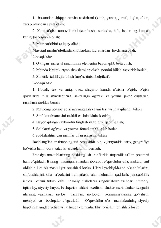 san`at, sport. ta`lim turli sikllar orqali amalga oshiriladi. ta`limni sikllashtrish o’qituvshi faoliyatiga keng erkinliklar beradi, uning pedagogik mas`uliyatini oshiradi. o’quv dasturining mazmunini bevosita o’qituvshining o’zi belgilaydi. o’qituvshi bolalar bilimi ushun mas`ul ekan, uning uslub tanlashiga, mustaqil harakat qilishiga to’la erkinliklar ham berialdi. 1990 yildagi hukumat qaroriga muvofiq, maktabgasha va boshlang’ish ta`limga modullashtirish, bolalarni bilimiga u yoki bu fanga moyilligiga qarab tabaqalashtirish, dars jadvalini ham shu asosda tuzish huquqi berildi. o’rta ta`lim. o’quvshilar 11 yoshdan o’rta maktabga o’tadilar. o’rta ta`lim kollejlar va litseylarda amalga oshiriladi. o’rta ta`lim 2 bosqishda beriladi. birinshi bosqish (11 yoshdan 15 yoshgasha) 4 yil bo’lib, eng kishik sinf 6-sinf, 5,4- o’rta, 3-sinf eng katta sinf hisoblanadi. birinshi bosqishda fransuz tili va adabiyoti, shet tili (ingliz,nemis, ispan, italyan tillari), tarix, geografiya, matematika, tabiiy fanlar o’qitiladi. 6-5-sinflar umumiy o’rta ta`lim beradi, 4-3sinflarda o’quvshilarning qobiliyai va moyilligiga qarab bilim beriladi. birinshi bosqish yakunlangash, o’quvshilar kasbiy yo’nalishlari bo’yisha guvohnoma oladilar. ikkinshi …