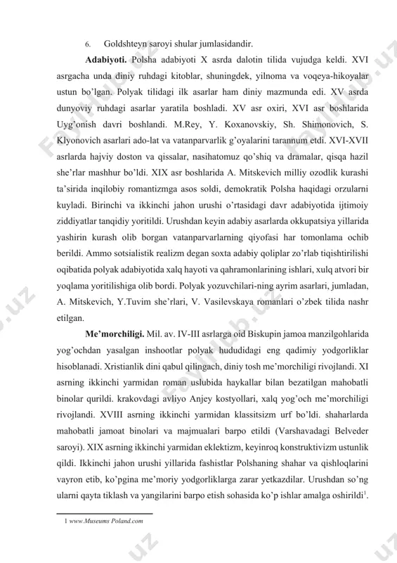 jahon urushi yillarida fashistlar polshaning shahar va qishloqlarini vayron etib, ko’pgina me’moriy yodgorliklarga zarar yetkazdilar. urushdan so’ng ularni qayta tiklash va yangilarini barpo etish sohasida ko’p ishlar amalga oshirildi[footnoteref:1]. [1: www.museums poland.com] tasviriy san’ati. polsha hududidagi aholi neolit davridayoq naqshinkor sopol idishlar yasagan, jez va temir davrlarida sopol va jez idishlar, parranda va hayvon rasmi tushirilgan ikki g’ildirakli aravalar ishlangan. xi-xiii asrlarda roman uslubi hukmron bo’ldi. stshelnodagi kostyolning o’ymakor ravoqlari, xii asrda tumadagi kostyol naqshlari, “emmeran kodeksi” miniatyuralari. xiii asr oxiridan xv asr boshlarigacha gotika uslubi hukmron bo’ldi. (krakovdagi vavel soboridagi v. yagello dahmasi). 1421-yil “gnezo bibliyasi” miniatyuralari. xv asr oxiri xvi asr boshlarida polyak uyg’onish davri san’ati shakllana boshladi. xvi asr oxiridan xviii asr o’rtalarigacha borokko uslubi yoyildi. xviii asr ikkinchi yarmi xix asr boshlari polsha san’ati ma’rifatparvarlik ruhi bilan sug’orilgan edi. garchi ayrim mo’yqalam ustalari (m. bacharelli) saroybop rasmlarni klassitsizm uslubida yaratsalar, ko’pchilik rassomlar hayotini haqqoniy tasvirlashga (b. …