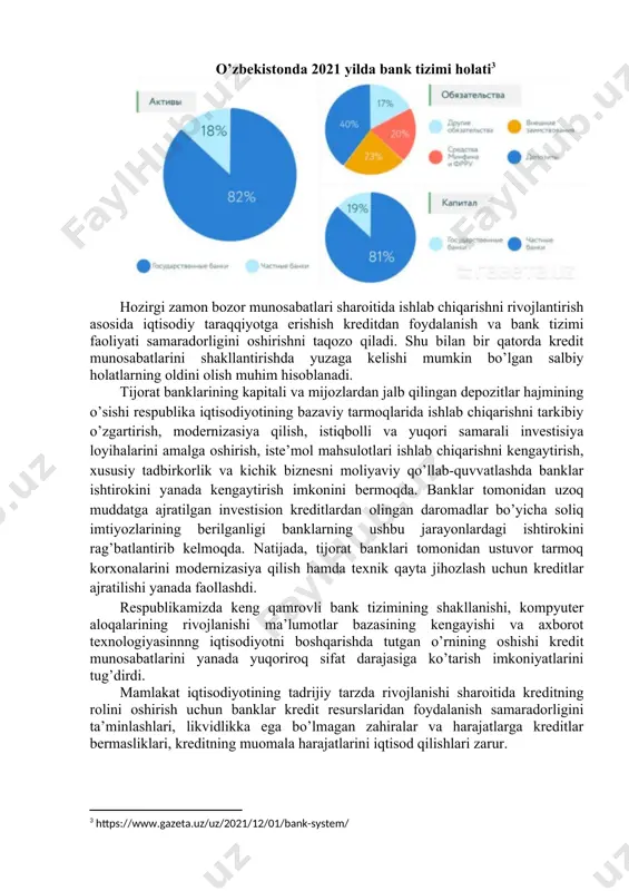 b, ular olib borayotgan faoliyat – xom ashyoni sotib olish, ishlab chiqarilgan tovarlar, ko’rsatiladigan xizmatlarga haq to’lash, ishlovchilarni ish haqi bilan ta’minlash, turli toifadagi korxonalar, firmalar va boshqalar yuridik shaxslar bilan bo’ladigan iqtisodiy munosabatlar, ya’ni olingan foydadan, daromaddan soliq to’lash, transport, kommunal xizmatlar uchun to’lovlarning barcha turlari banklar orqali, o’z navbatida, olinadigan kreditlar va boshqa hisob-kitoblar ham banklar orqali amalga oshadi. shuni alohida ta’kidlash kerakki, mamlakatimiz mustaqillikka erishgunga qadar bank va banklar bilan bo’ladigan turli iqtisodiy munosabatlar unchalik oshkora etilmas edi. jahon xo’jaligining muhim xo’jalik yuritish qismi bo’lgan kichik biznes va xususiy tadbirkorlik korxonalarini barcha faoliyati banklar bilan bog’langanligi bugungi kunda hammaga ma’lumdir. shuning uchun ham rivojlangan mamlakatlarda, masalan, aqshda bank tizimining faoliyati nihoyatda rivojlangan bo’lib, tadbirkorlikning aktiv iqtisodiy faoliyat ko’rsatishida banklar barcha mulk shaklidagi korxonalarga kompleks ravishda xizmat ko’rsatadi. tijorat banklari kredit orqali, birinchidan, jamiyatimizda fondlar aylanishi jarayonida chetga chiqib bo’sh qolgan mablag’larning harakasiz turib qolishining oldini oladi, ikkinchidan, …