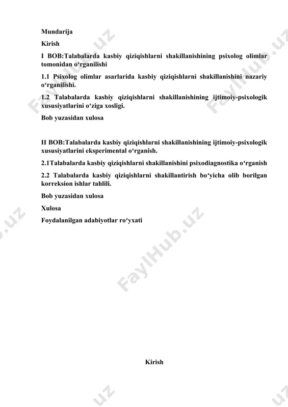 im olishi; jamiyatda pedagoglarni ijtimoiy himoya qilishning kafolatlanganligi;ta’lim tizimining dunyoviy xususiyatga egaligi;bilimlilik, qobiliyatlilik va iste’dodning rag‘batlantirilishi;ta’lim tizimida davlat va jamoat boshqaruvining uyg‘unligi; ta’lim faoliyati sohasidagi ochiqlik va shaffoflik. jinsi, irqi, millati, tili, dini, e’tiqodi, ijtimoiy kelib chiqishi, ijtimoiy mavqeyidan qat’i nazar, har kimga ta’lim olish uchun teng huquqlar kafolatlanadi. mavzuning dolzarbligi, shuningdek, oliy ta’lim muassasalarida o‘qitish jarayonini individual yondashuv asosida tashkil etish, talabalarni ijtimoiy-psixologik jihatdan qo‘llab-quvvatlash va ularning kasbiy rejalari bilan uyg‘un holda o‘zini rivojlantirish imkoniyatlarini ta’minlash zaruratidan kelib chiqadi. bu mavzuni chuqur tahlil qilish orqali, talaba shaxsida kasbiy o‘zini anglash, kasbiy qiziqishni rivojlantirishga xizmat qiladigan omillarni aniqlash va samarali metodlarni ishlab chiqish mumkin bo‘ladi. kurs ishining maqsadi: talabalarda kasbiy qiziqishlarni shakillanishining ijtimoiy-psixologik xususiyatlarini o’rganish. kurs ishining vazifalari: 1. psixolog olimlar asarlarida kasbiy qiziqishlarni shakillanishini nazariy oʻrganilishi. 2. talabalarda kasbiy qiziqishlarni shakillanishining ijtimoiy-psixologik xususiyatlarini oʻziga xosligi. 3. talabalarda kasbiy qiziqishlarni shakillanishini psixodiagnostika oʻrganish 4. talabalarda kasbiy qiziqishlarni shakillantirish boʻyicha olib …