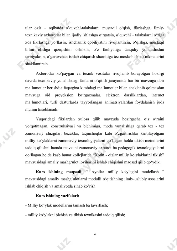 yoqali, yoqa uchlari bog‘lanadigan (galstuksimon) bo’lishi mumkin. yenglari o‘tqazma, yarim reglan bichimli, old ba ort bo’lak bilan yaxlit bichilgan bo’lishi mumkin. yeng bichimlari keng, tor, kapalaksimon, fonarik, burmali ba xakozo bo’lishi mumkin. hozirgi kunda milliy ko’ylak bichimlarida juda katta o’zgarishlar ruy bergan. masalan: etak kismi kengaytirilib, konussimon shaklda bichilgan ko’ylaklar. bunday qopli ko’ylak yengi xam albatta konussimon shaklda bichiladi. agar konussimon bichimli ko’ylakni elastik gazlamadan tikilsa uni etagi ba yeng uchlarini tortib zig-zag usulda qaytarib tikilsa juda chiroyli to’lqinsimon shaklga ega bo'ladi. milliy ko’ylak bichimlari bir xil bo’lsa-da, uning yoqa o’mizlari turlicha uyilishi mumkin. 2,3- rasmlarda to’g’ri bichimli milliy ko’ylakni turlicha yoqa o’mizli koketka turlari tasbirlangan. 4,5,6,7 - rasmlarda esa yoqa o’mizi va koketka tashqi shakli turlicha bo’lgan milliy ko’ylak modellari namunalari ko’rsatilgan. milliy ko’ylaklarimizni burmalar, kesmalar, tesmalar, kashta choklar ba munchoq (biserlar)lar bilan bezab tikish mumkin. burmalar modelga binoan asosiy gazlamadan, bezak gazlamadan, kontrast rangli gazlamadan yoki gazlama gullari …
