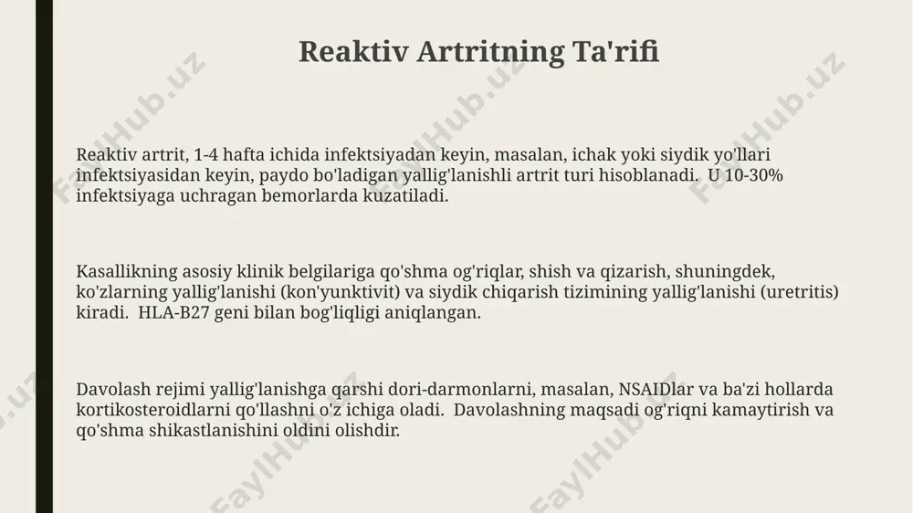 v artritning oldini olish reaktiv artritni oldini olishda 70% ga yaqin samaradorlikka erishish uchun, infektsiyalardan, ayniqsa, ichak va siydik yo'llari infektsiyalaridan o'z vaqtida himoya qilish muhimdir, chunki bu infektsiyalar kasallikning asosiy qo'zg'atuvchisi hisoblanadi. shikastlanishdan saqlanish uchun ehtiyot choralarini ko'rish ham muhim. taxminan 10-15% hollarda, shikastlanishlar ham reaktiv artrit rivojlanishiga turtki bo'lishi mumkin. reaktiv artrit xavfini kamaytirish uchun, sog'lom turmush tarzini yuritgan holda, muntazam jismoniy mashqlar bilan shug'ullanish va immun tizimini mustahkamlash tavsiya etiladi. kamida haftasiga 3 marta, 30 daqiqadan mashq qilish foydali. e'tiboringiz uchun rahmat @taqdimot_robot